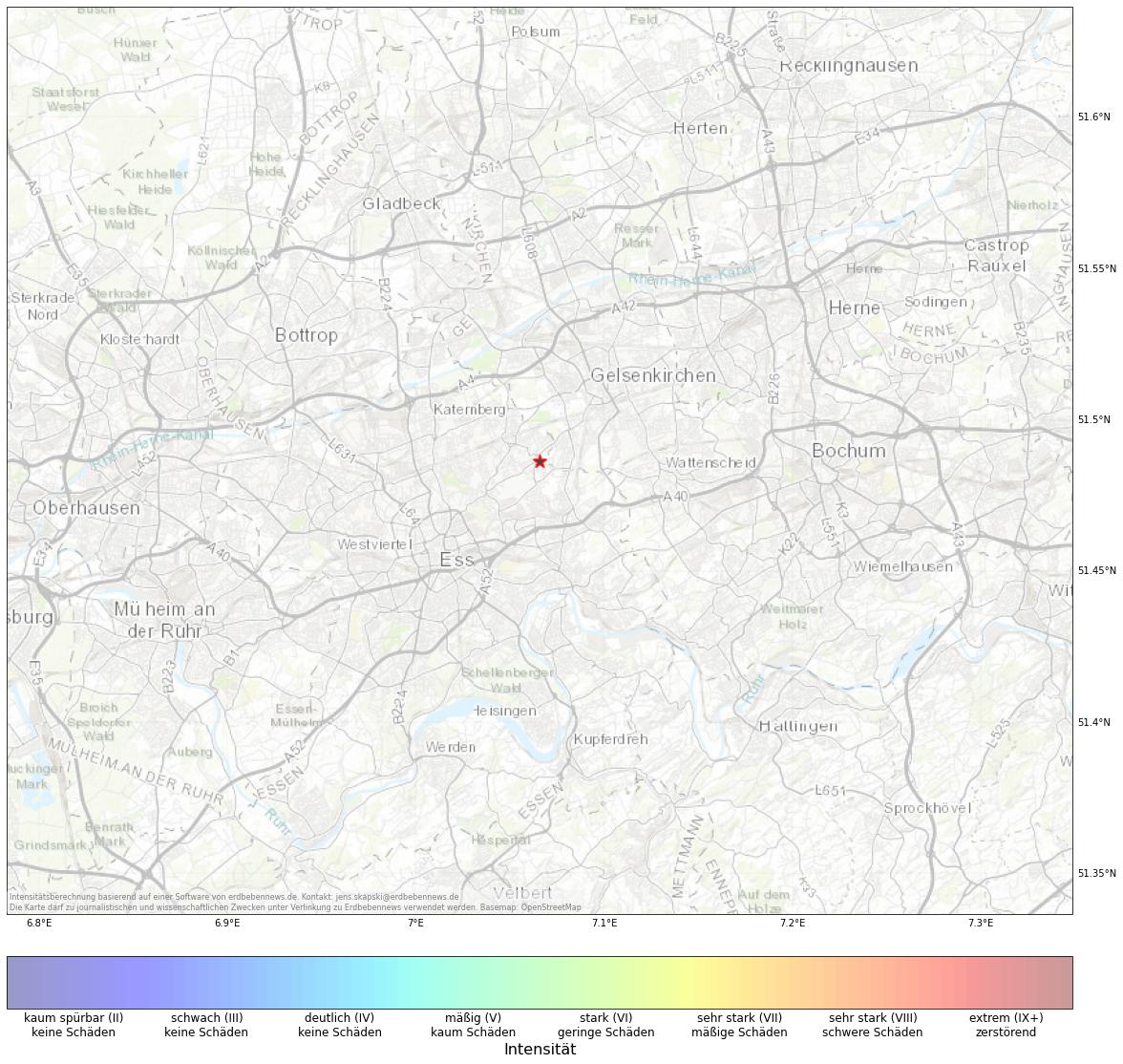 Berechnete Intensität (ShakeMap) des Erdbebens der Stärke 1.1 am 13. November, 04:37 in Deutschland