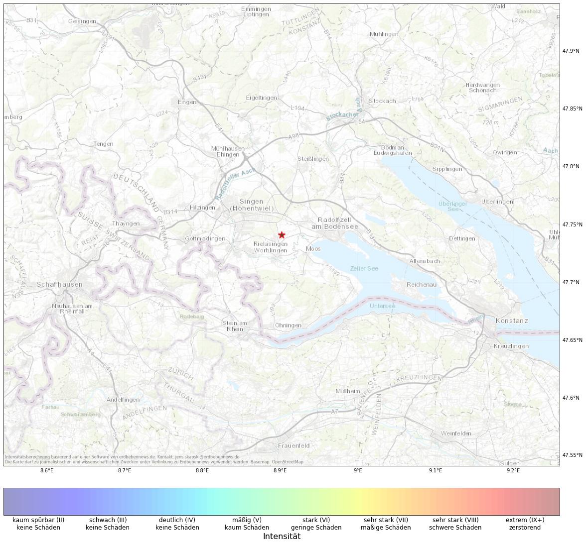 Berechnete Intensität (ShakeMap) des Erdbebens der Stärke 1.9 am 18. November, 00:54 in Deutschland