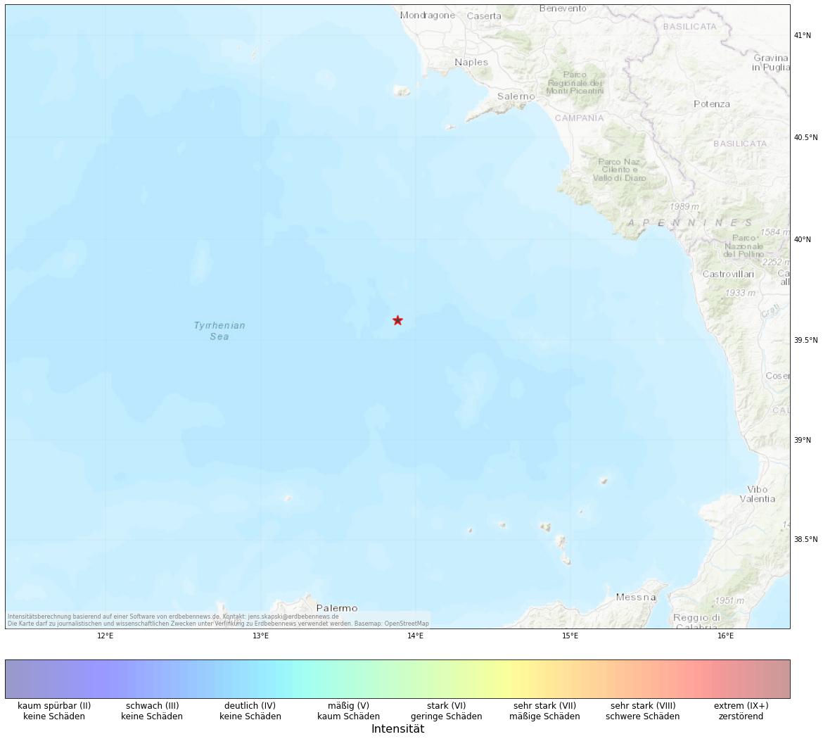 Berechnete Intensität (ShakeMap) des Erdbebens der Stärke 4.6 am 20. November, 7:46 Uhr in Italien