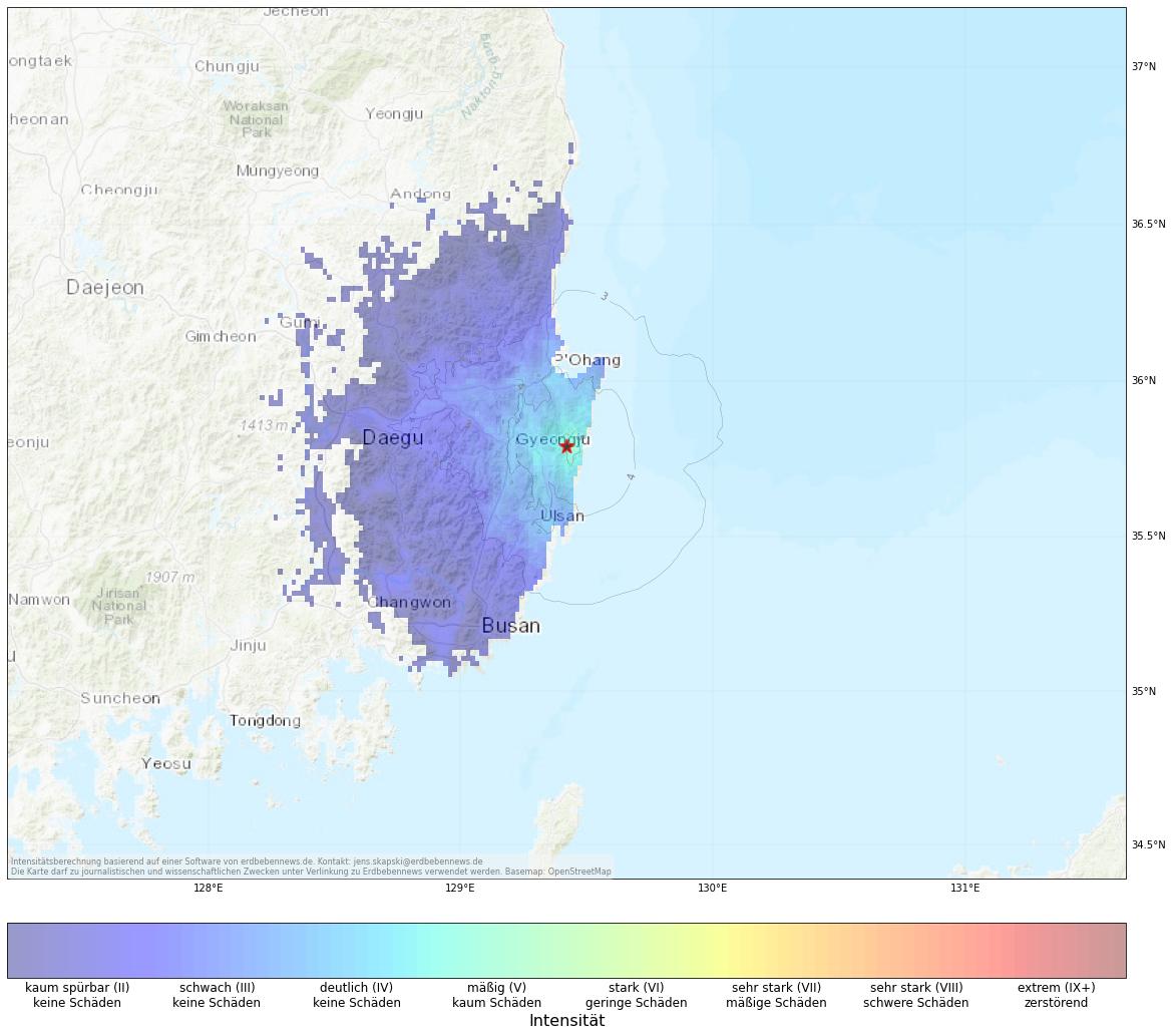 Berechnete Intensität (ShakeMap) des Erdbebens der Stärke 4.3 am 29. November, 20:55 Uhr in Südkorea