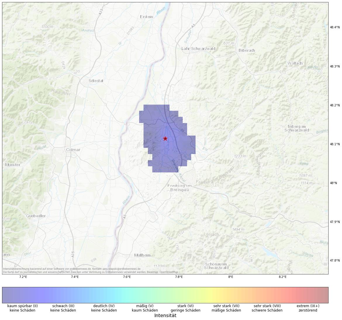 Berechnete Intensität (ShakeMap) des Erdbebens der Stärke 2.2 am 30. November, 17:30 in Deutschland