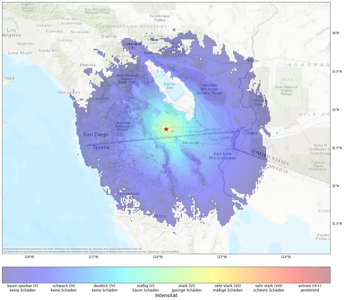 Berechnete Intensität (ShakeMap) des Erdbebens der Stärke 4.8 am 1. Dezember, 8:43 Uhr in USA