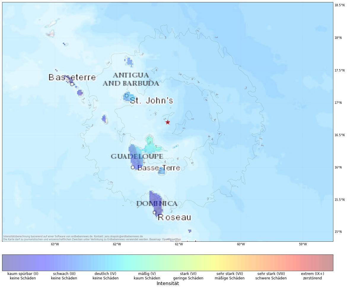 Berechnete Intensität (ShakeMap) des Erdbebens der Stärke 5.2 am 2. Dezember, 9:48 Uhr in Guadeloupe