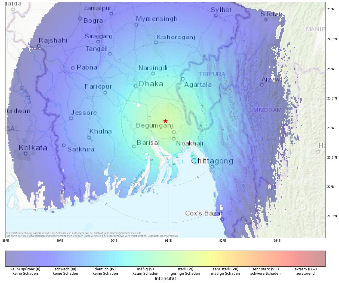 Berechnete Intensität (ShakeMap) des Erdbebens der Stärke 5.5 am 2. Dezember, 4:35 Uhr in Bangladesch