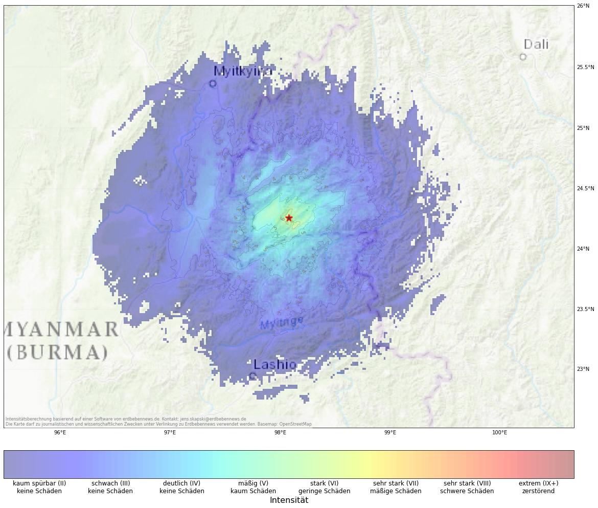 Berechnete Intensität (ShakeMap) des Erdbebens der Stärke 5.0 am 1. Dezember, 18:36 Uhr in China