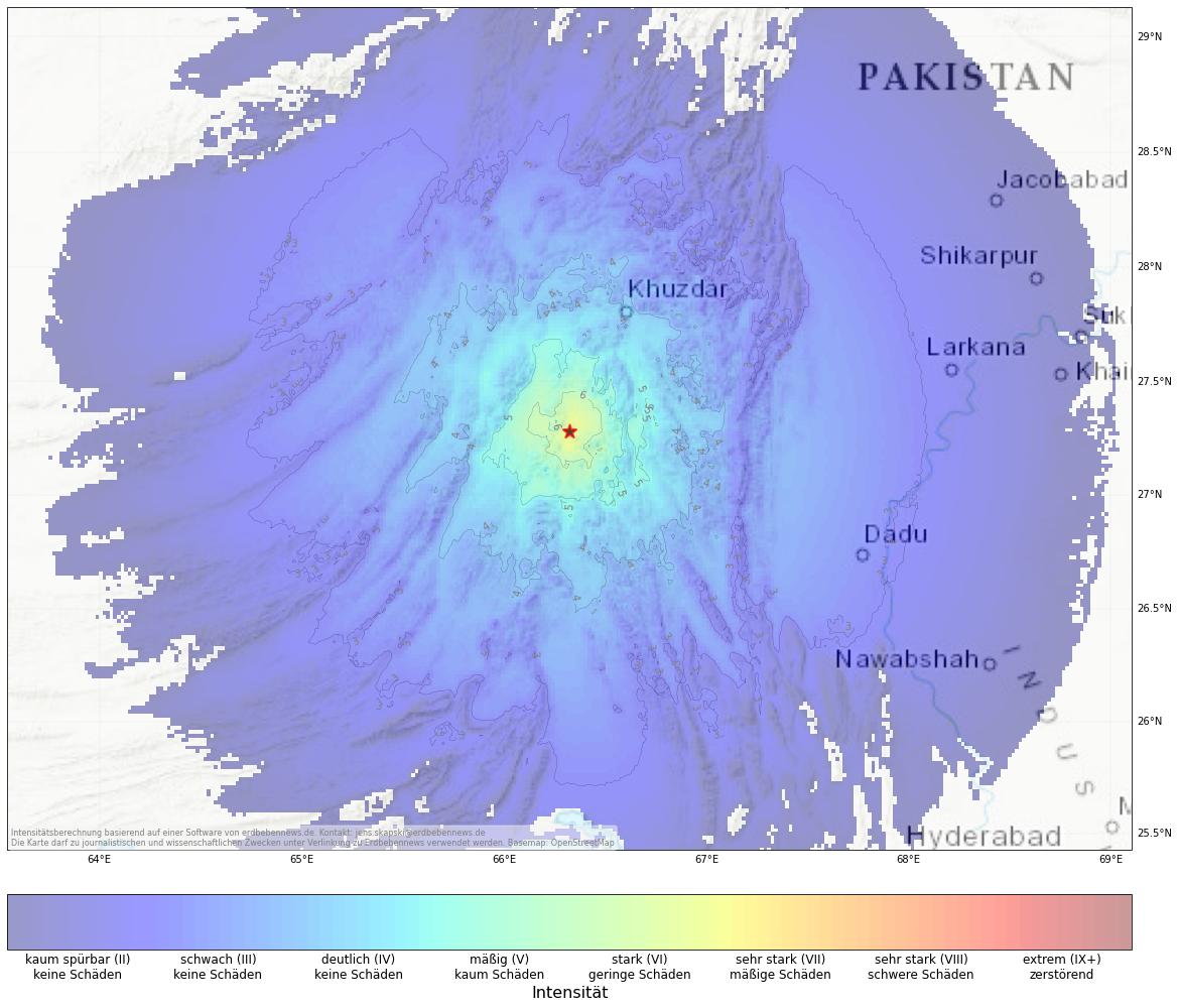 Berechnete Intensität (ShakeMap) des Erdbebens der Stärke 5.2 am 4. Dezember, 13:19 Uhr in Pakistan