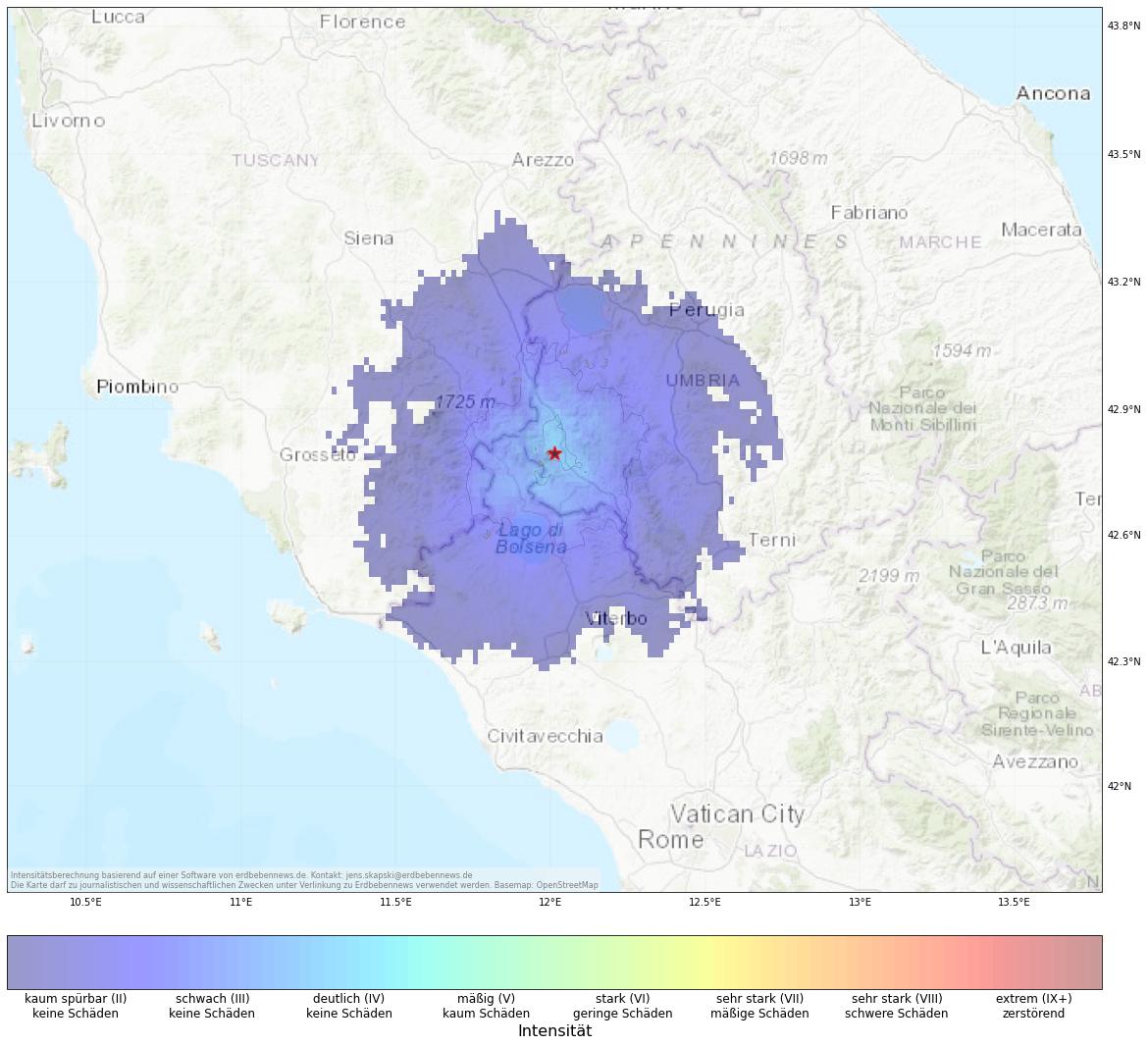 Berechnete Intensität (ShakeMap) des Erdbebens der Stärke 3.6 am 6. Dezember, 21:06 Uhr in Italien