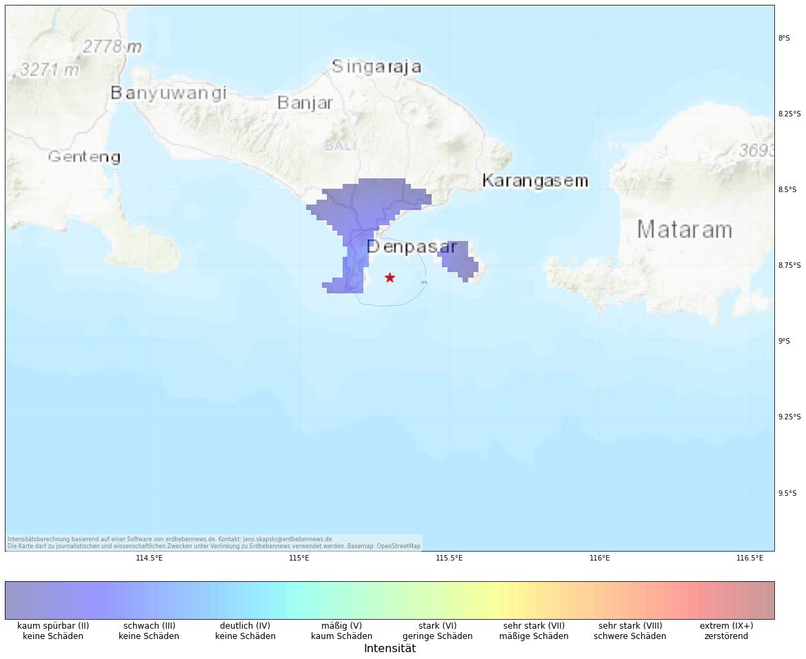Berechnete Intensität (ShakeMap) des Erdbebens der Stärke 3.3 am 7. Dezember, 15:00 Uhr in Indonesien