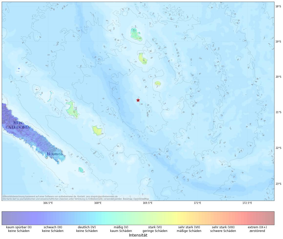 Berechnete Intensität (ShakeMap) des Erdbebens der Stärke 7.1 am 7. Dezember, 13:56 Uhr in Vanuatu