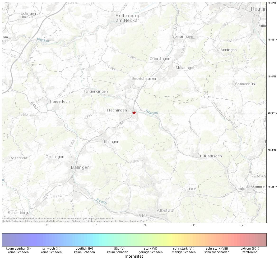 Berechnete Intensität (ShakeMap) des Erdbebens der Stärke 1.3 am 08. December, 06:34 in Deutschland