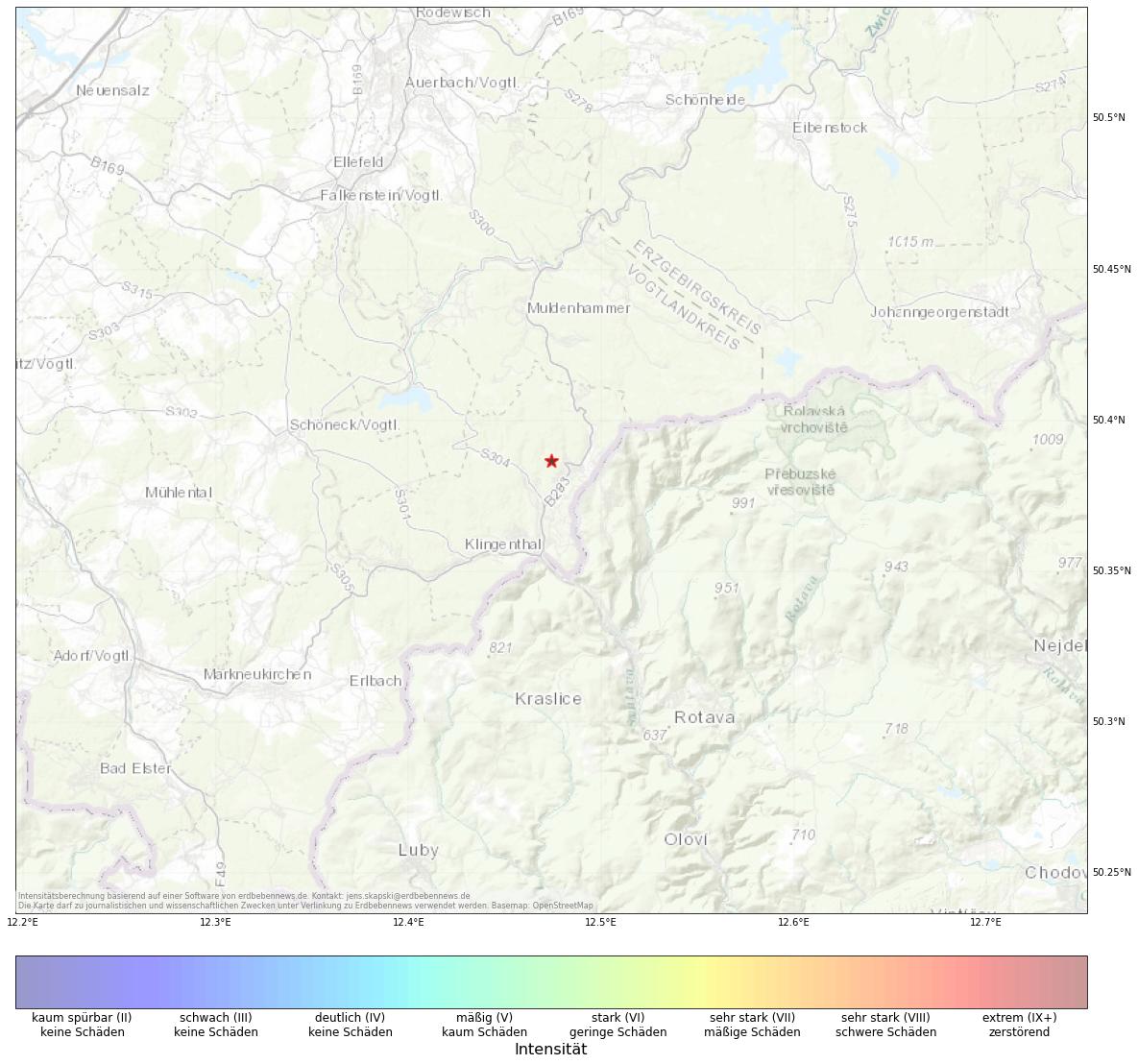 Berechnete Intensität (ShakeMap) des Erdbebens der Stärke 1.0 am 14. December, 09:11 in Deutschland