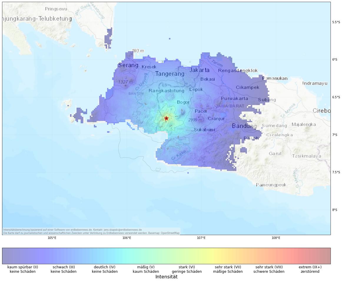 Berechnete Intensität (ShakeMap) des Erdbebens der Stärke 4.6 am 14. Dezember, 00:35 Uhr in Indonesien