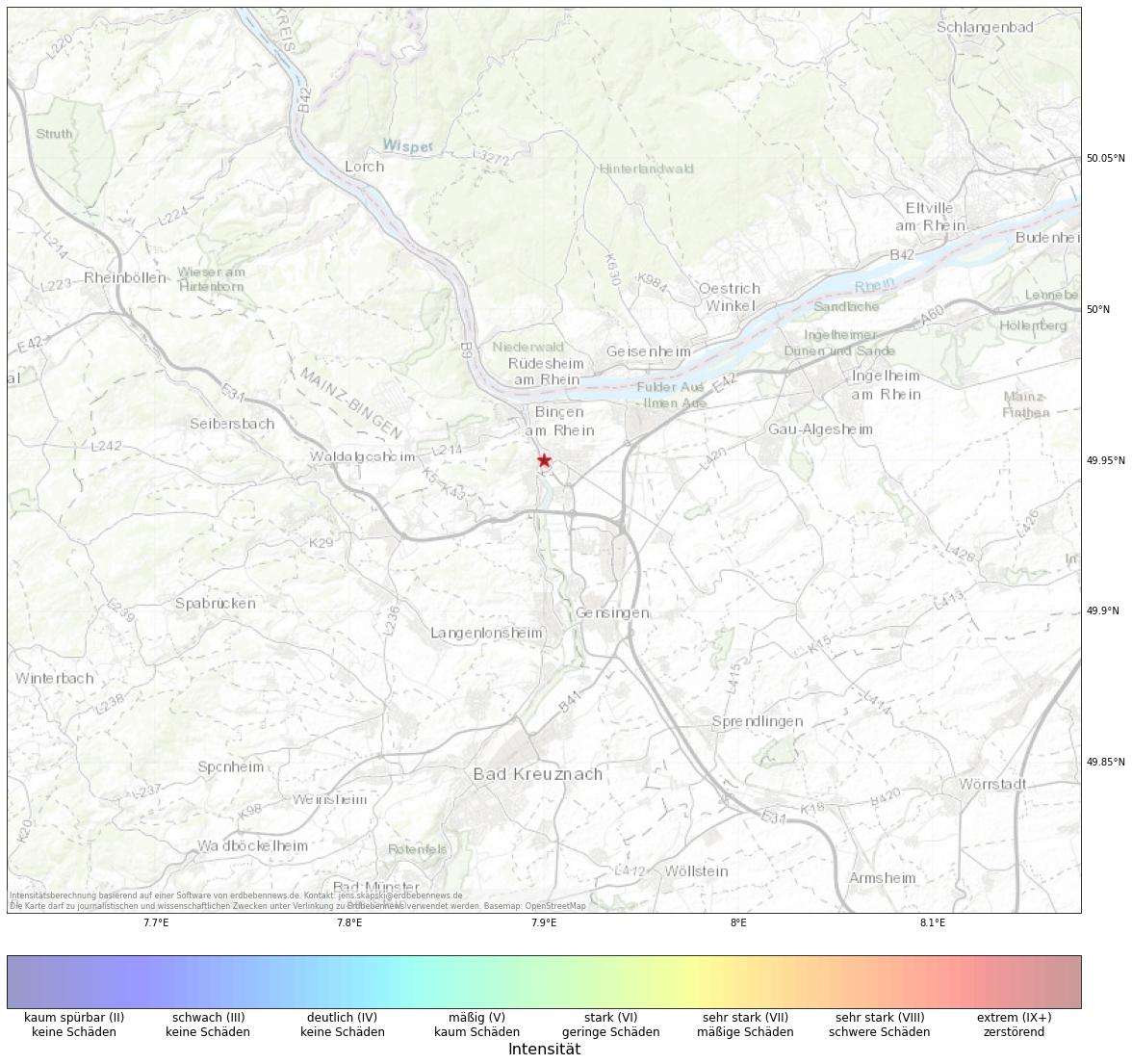 Berechnete Intensität (ShakeMap) des Erdbebens der Stärke 1.3 am 14. December, 17:51 in Deutschland