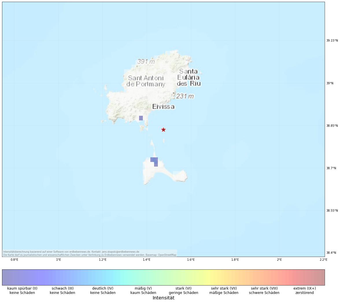 Berechnete Intensität (ShakeMap) des Erdbebens der Stärke 2.4 am 16. Dezember, 13:50 Uhr in Spanien