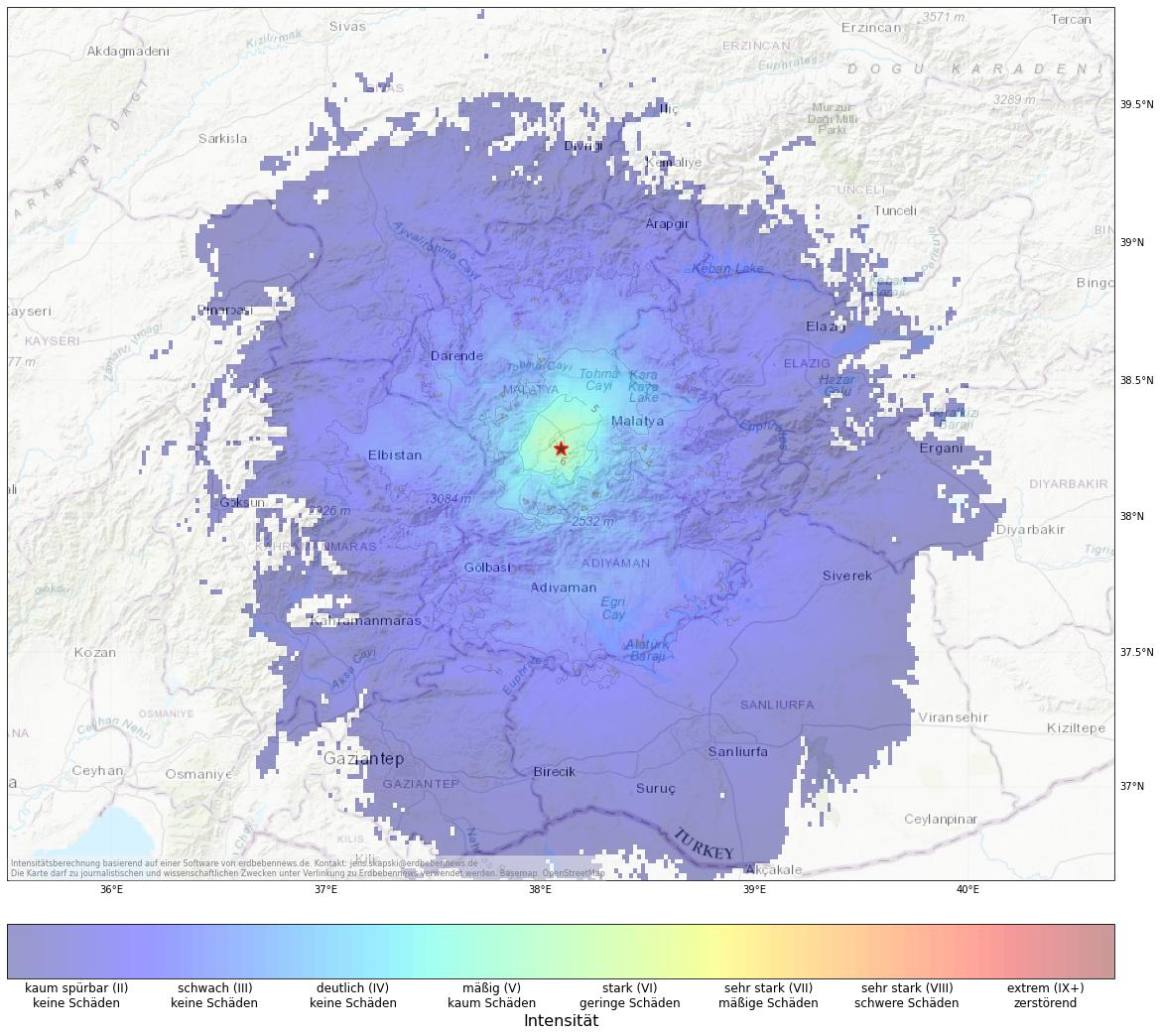 Berechnete Intensität (ShakeMap) des Erdbebens der Stärke 4.7 am 28. Dezember, 10:34 Uhr in Türkei