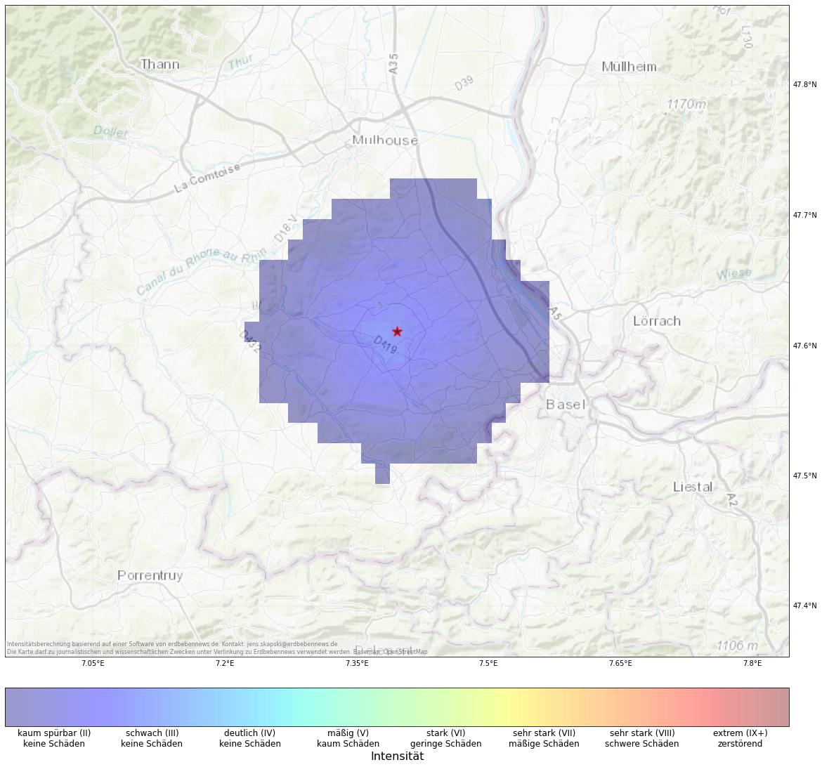 Berechnete Intensität (ShakeMap) des Erdbebens der Stärke 2.6 am 29. Dezember, 18:04 Uhr in Frankreich