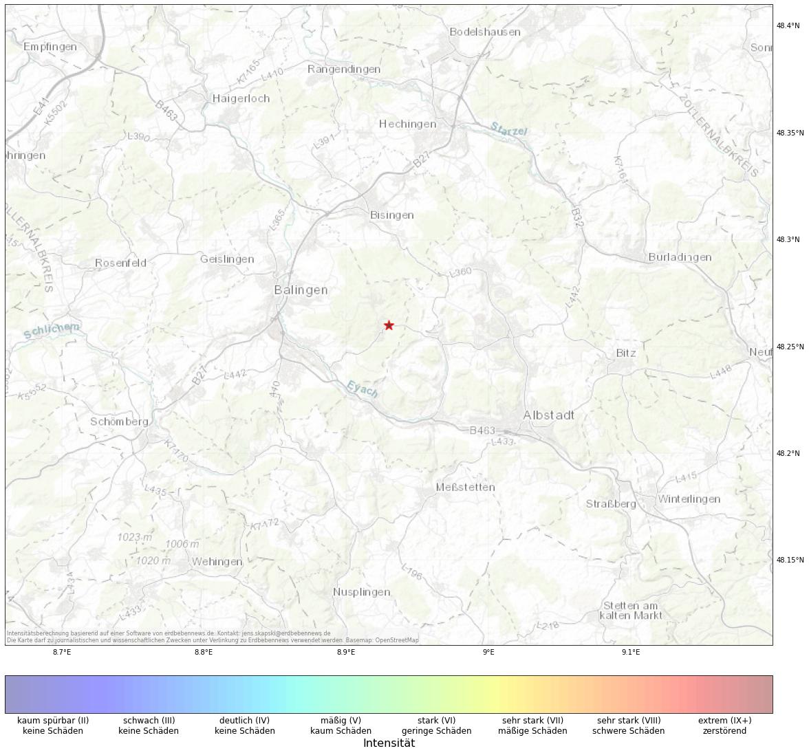 Berechnete Intensität (ShakeMap) des Erdbebens der Stärke 1.7 am 01. January, 23:44 in Deutschland