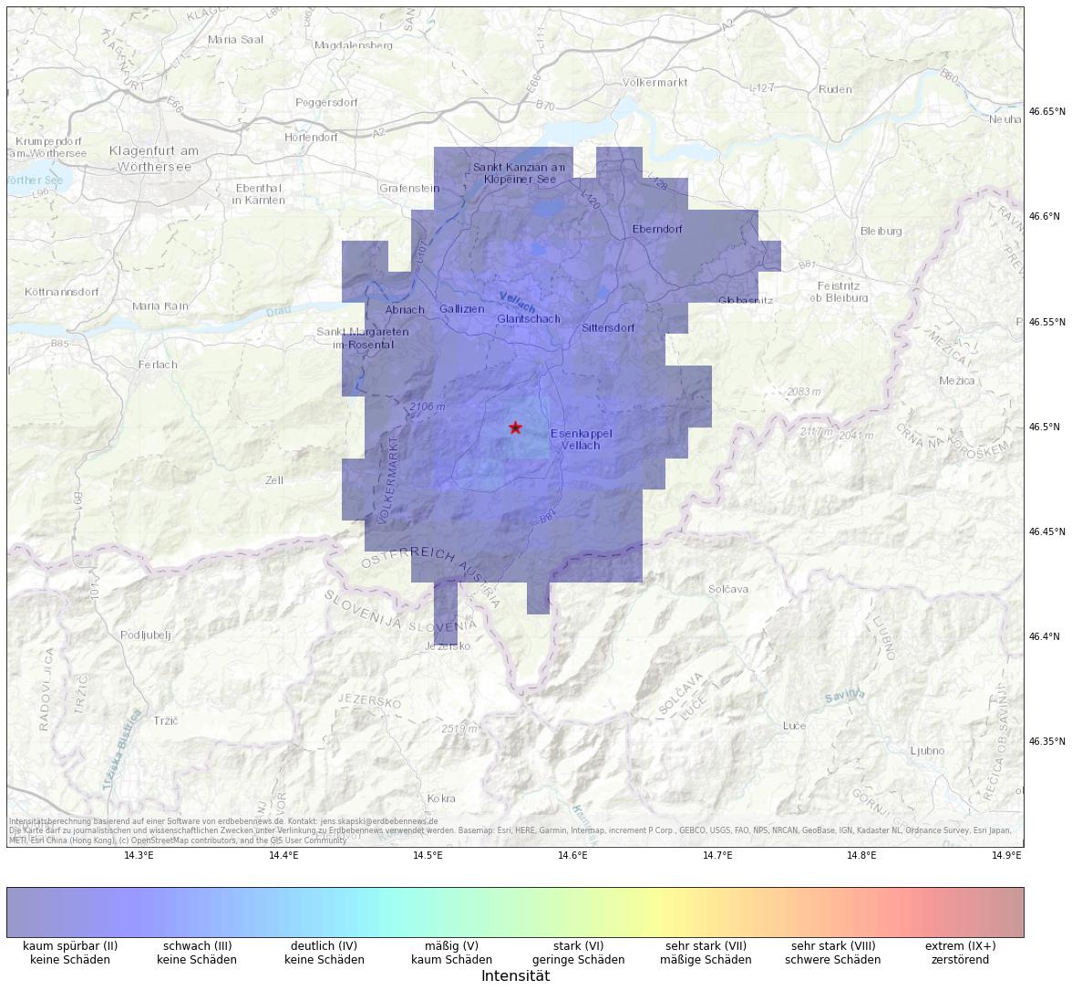 Berechnete Intensität (ShakeMap) des Erdbebens der Stärke 2.7 am 5. Januar, 3:20 Uhr in Österreich