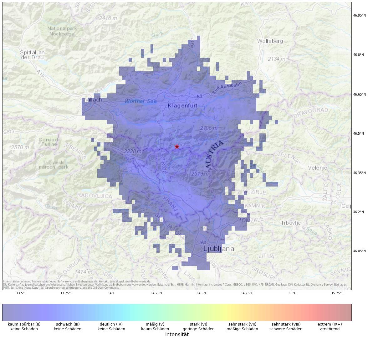 Berechnete Intensität (ShakeMap) des Erdbebens der Stärke 3.4 am 9. Januar, 01:02 Uhr in Slowenien