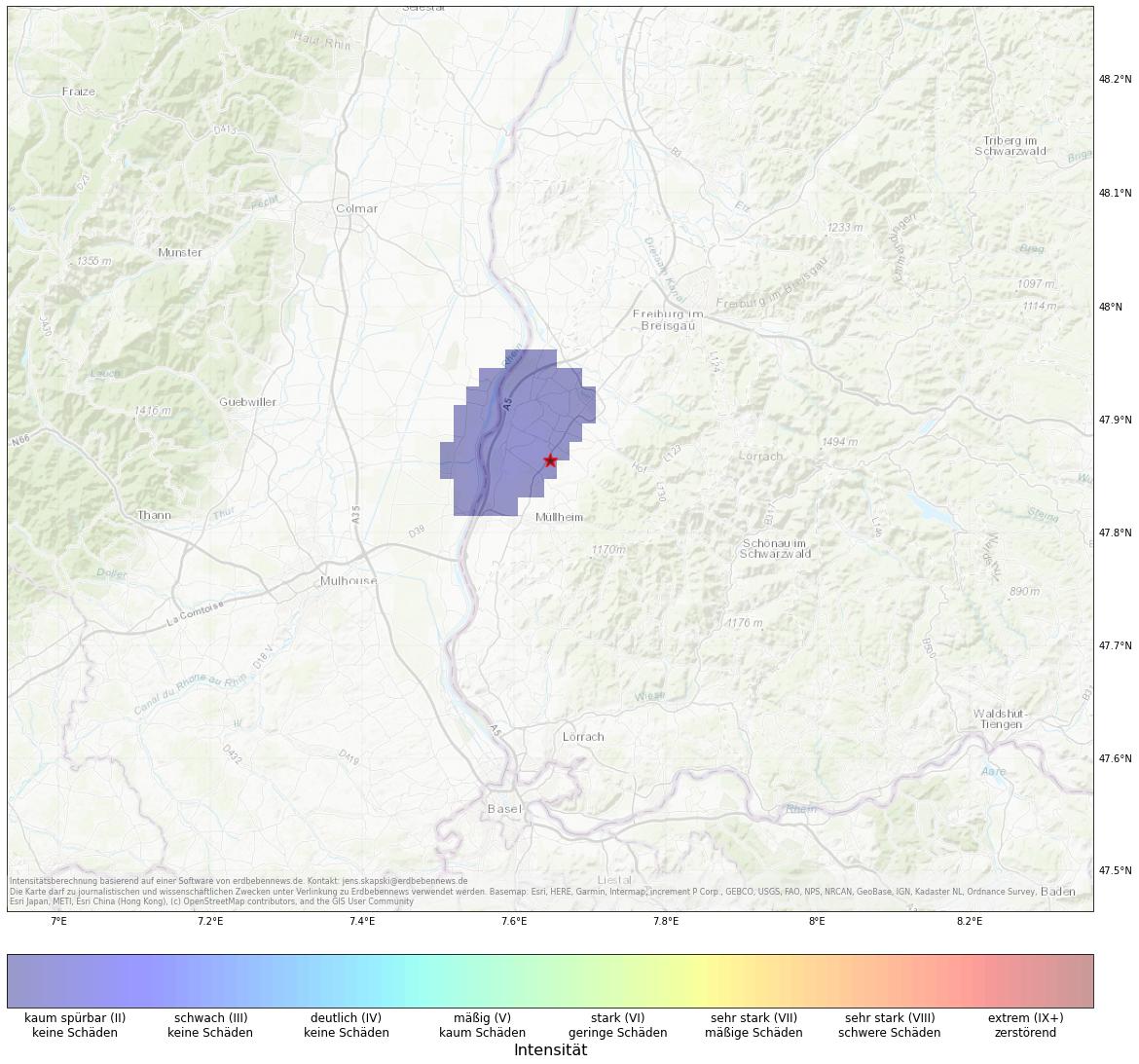 Berechnete Intensität (ShakeMap) des Erdbebens der Stärke 2.3 am 10. January, 02:16 in Frankreich