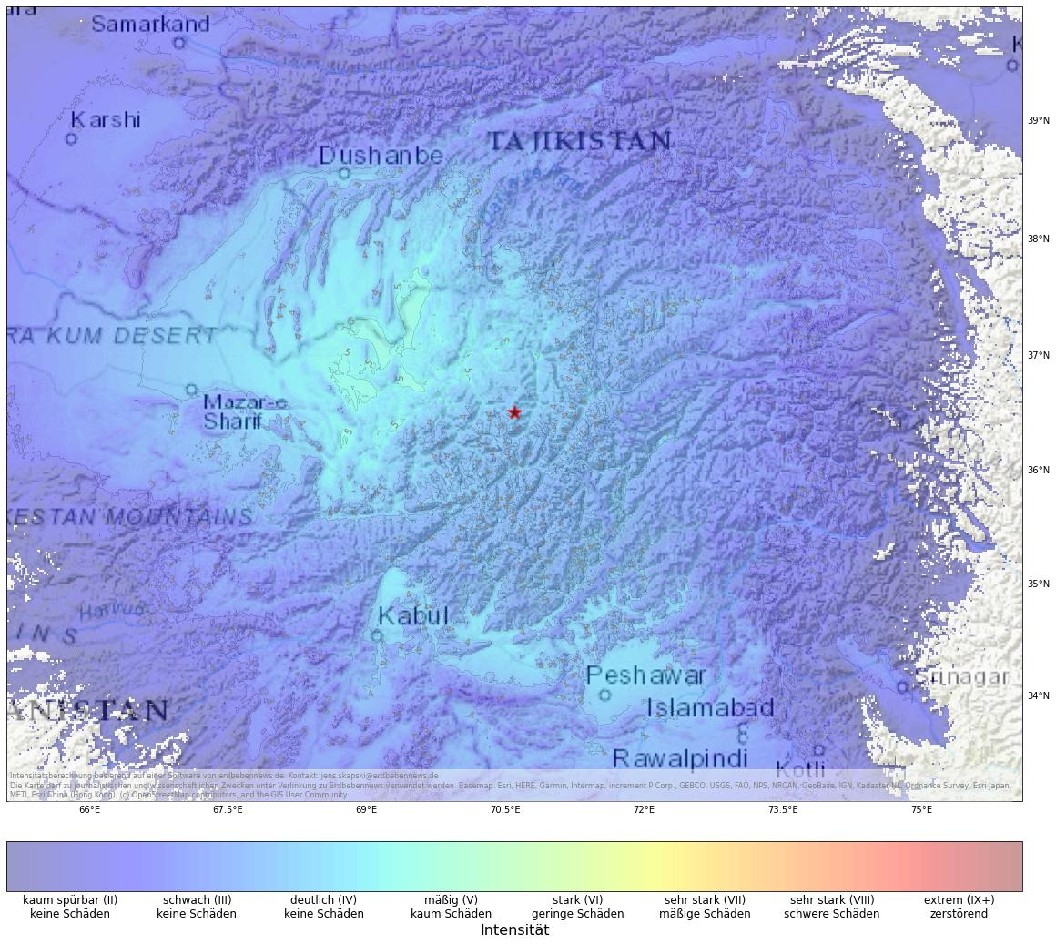 Berechnete Intensität (ShakeMap) des Erdbebens der Stärke 6.4 am 11. Januar, 10:20 Uhr in Tadschikistan