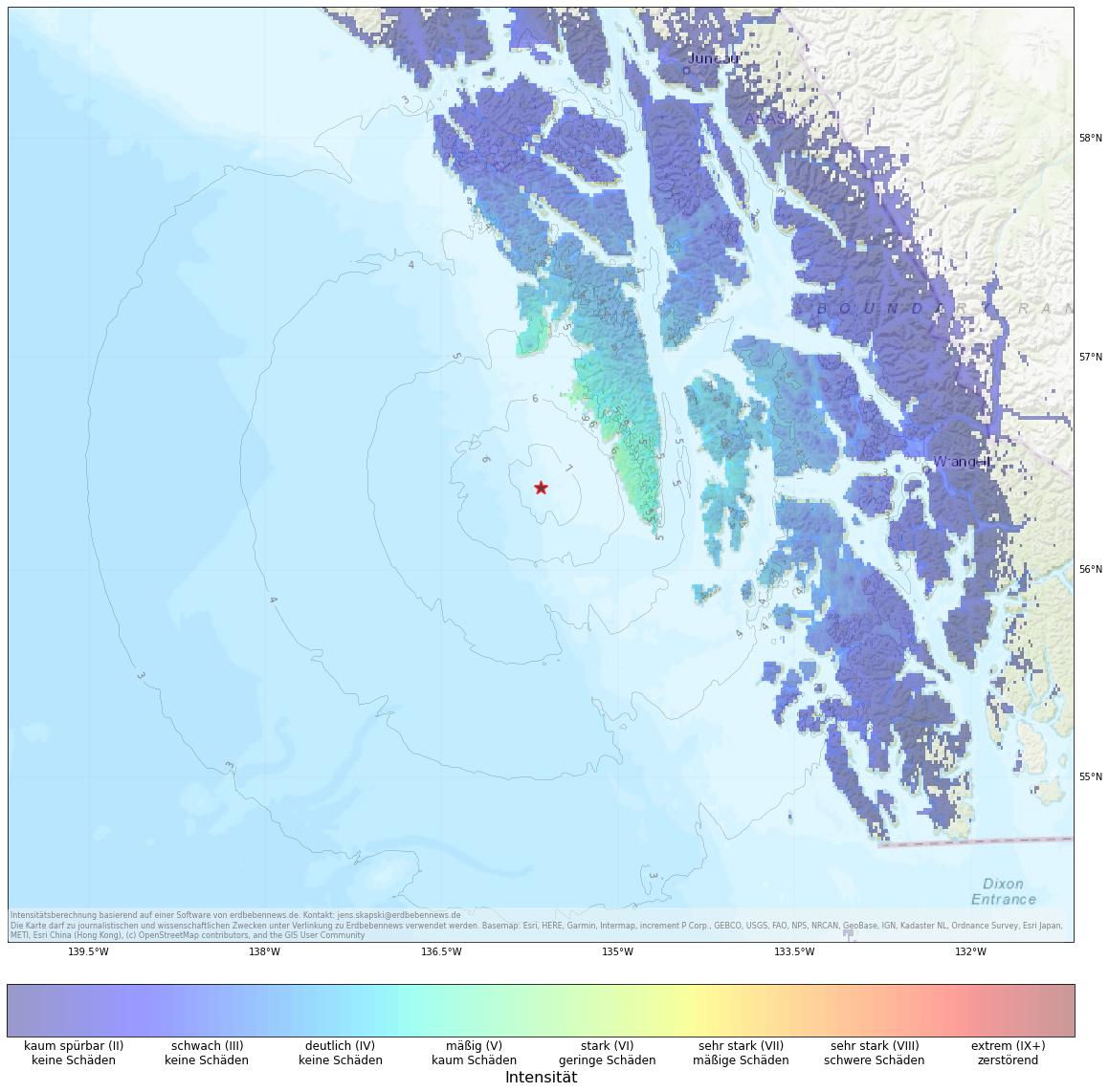 Berechnete Intensität (ShakeMap) des Erdbebens der Stärke 5.9 am 12. Januar, 8:46 Uhr in USA