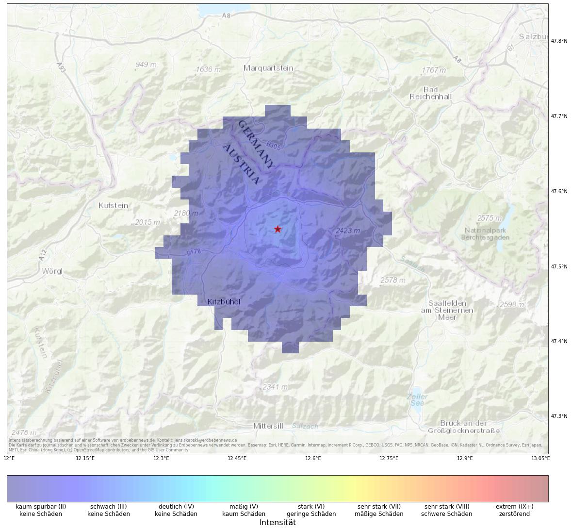 Berechnete Intensität (ShakeMap) des Erdbebens der Stärke 3.0 am 13. Januar, 2:58 Uhr in Österreich