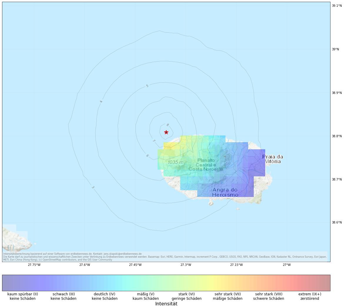 Berechnete Intensität (ShakeMap) des Erdbebens der Stärke 4.5 am 14. Januar, 9:19 Uhr in Portugal
