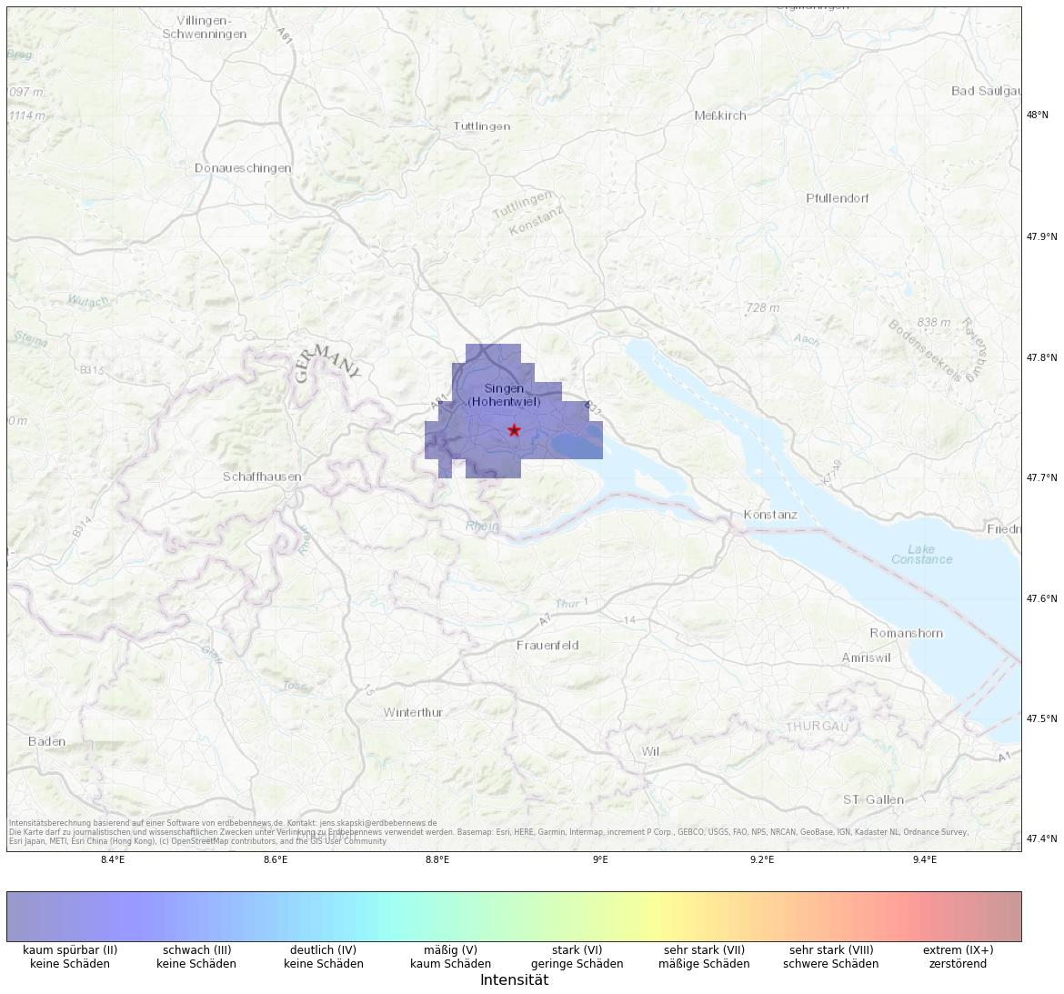 Berechnete Intensität (ShakeMap) des Erdbebens der Stärke 2.2 am 15. January, 03:31 in Deutschland