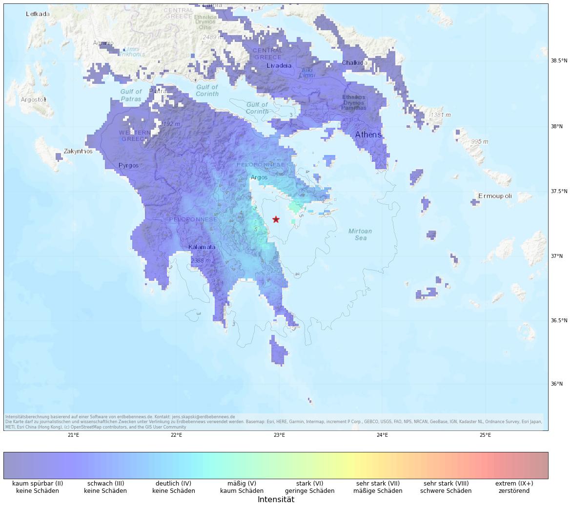 Berechnete Intensität (ShakeMap) des Erdbebens der Stärke 4.8 am 15. Januar, 6:20 Uhr in Griechenland