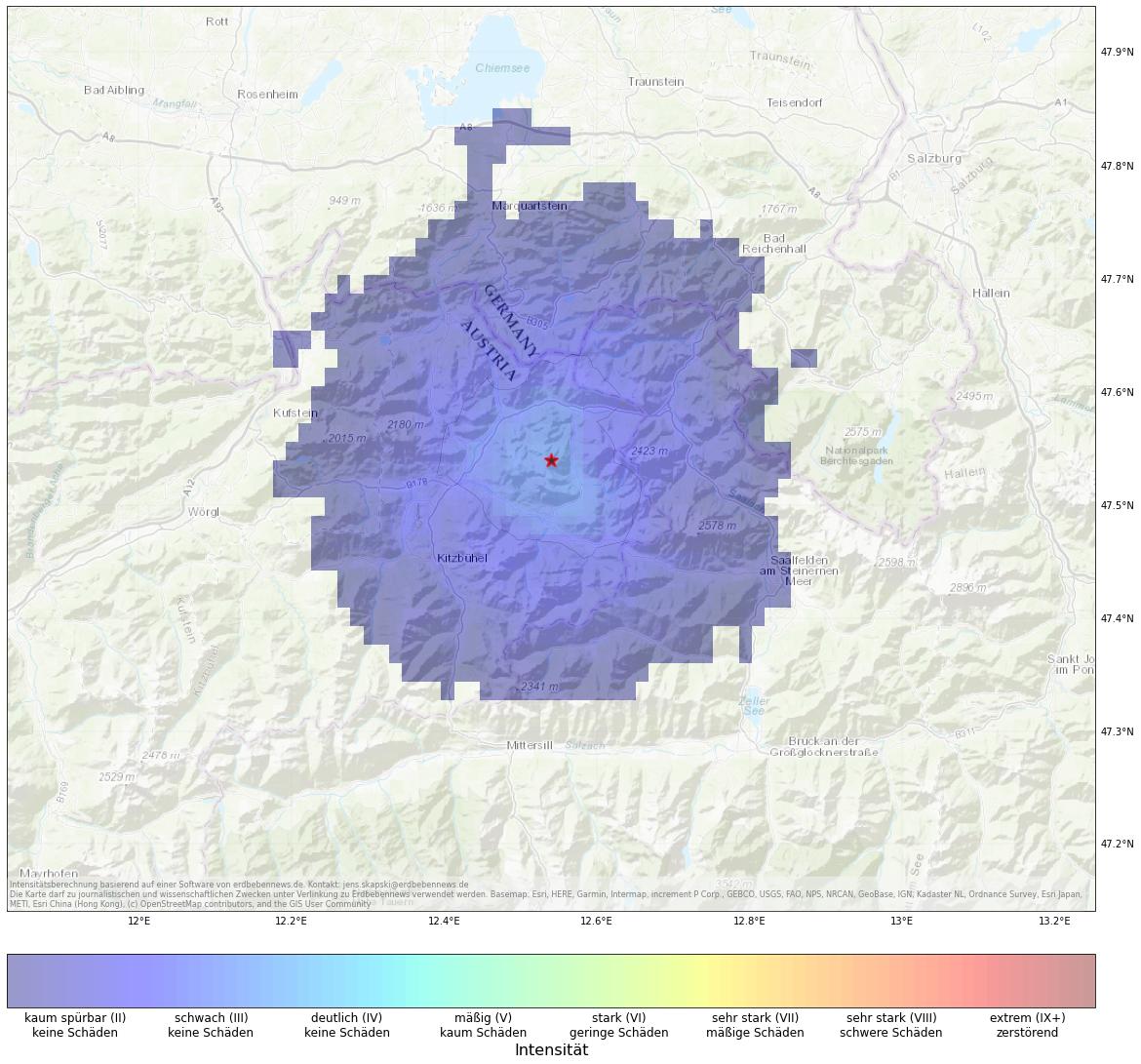 Berechnete Intensität (ShakeMap) des Erdbebens der Stärke 3.3 am 18. Januar, 1:42 Uhr in Österreich