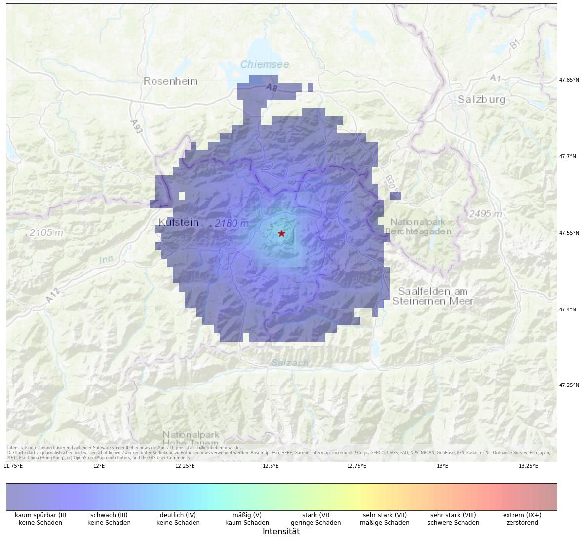 Berechnete Intensität (ShakeMap) des Erdbebens der Stärke 3.4 am 19. Januar, 3:30 Uhr in Österreich