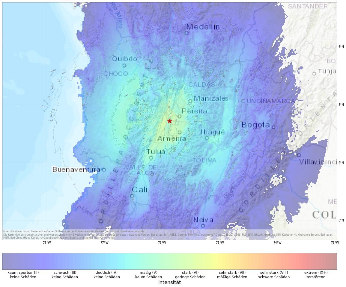Berechnete Intensität (ShakeMap) des Erdbebens der Stärke 5.6 am 19. Januar, 12:26 Uhr in Kolumbien