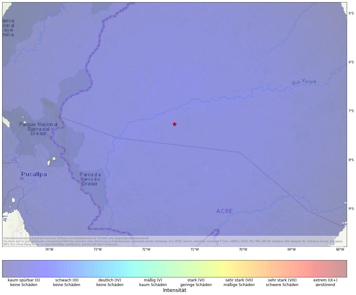 Berechnete Intensität (ShakeMap) des Erdbebens der Stärke 6.5 am 20. Januar, 22:31 Uhr in Brasilien