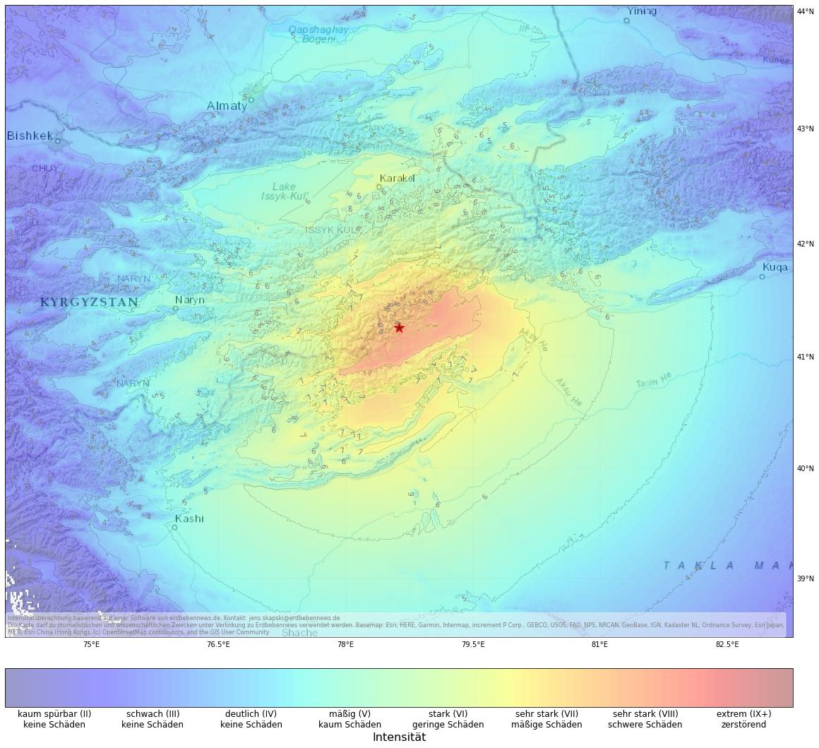 Berechnete Intensität (ShakeMap) des Erdbebens der Stärke 7.1 am 22. Januar, 19:09 Uhr in China