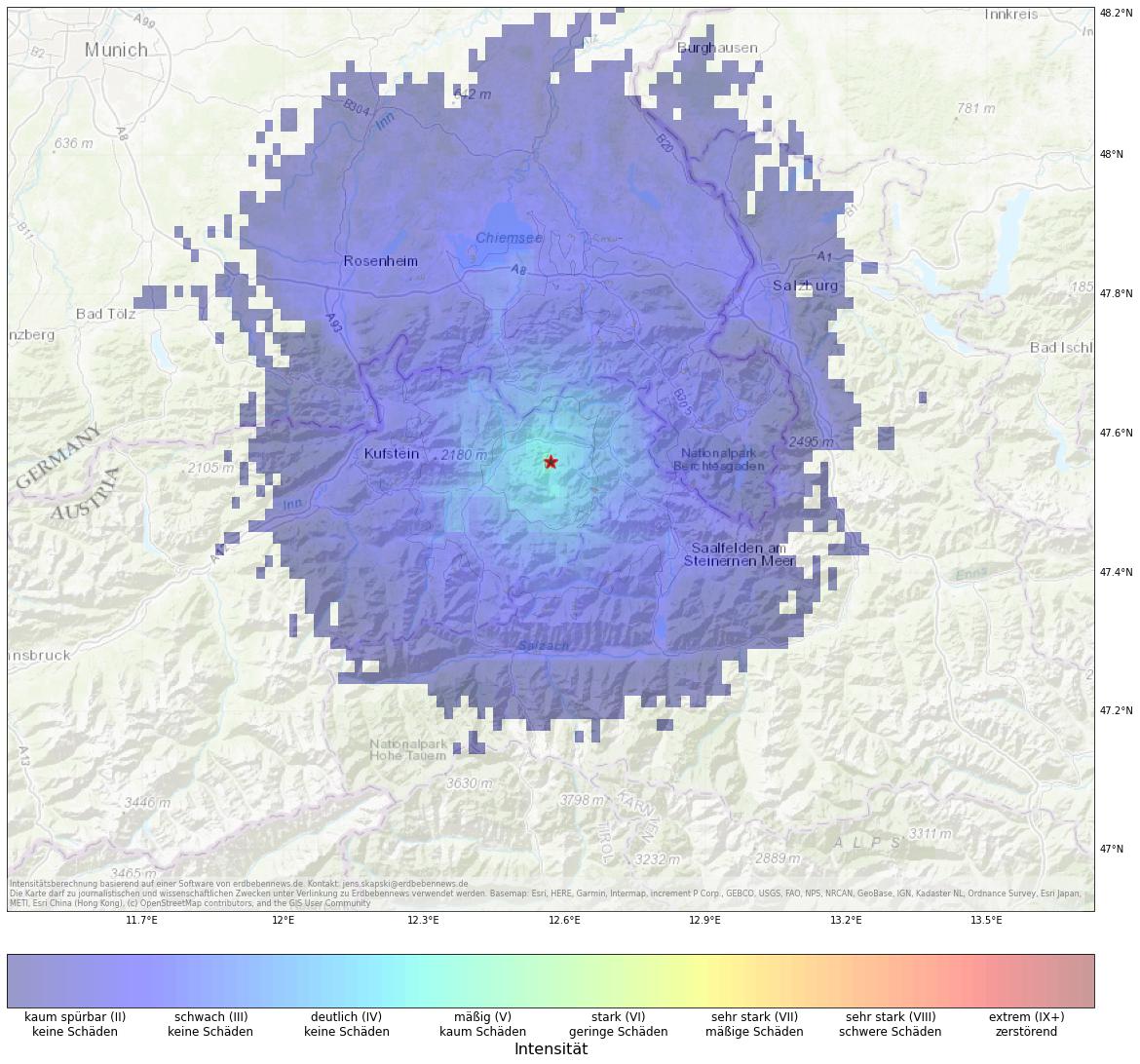 Berechnete Intensität (ShakeMap) des Erdbebens der Stärke 4.0 am 23. Januar, 04:50 Uhr in Österreich