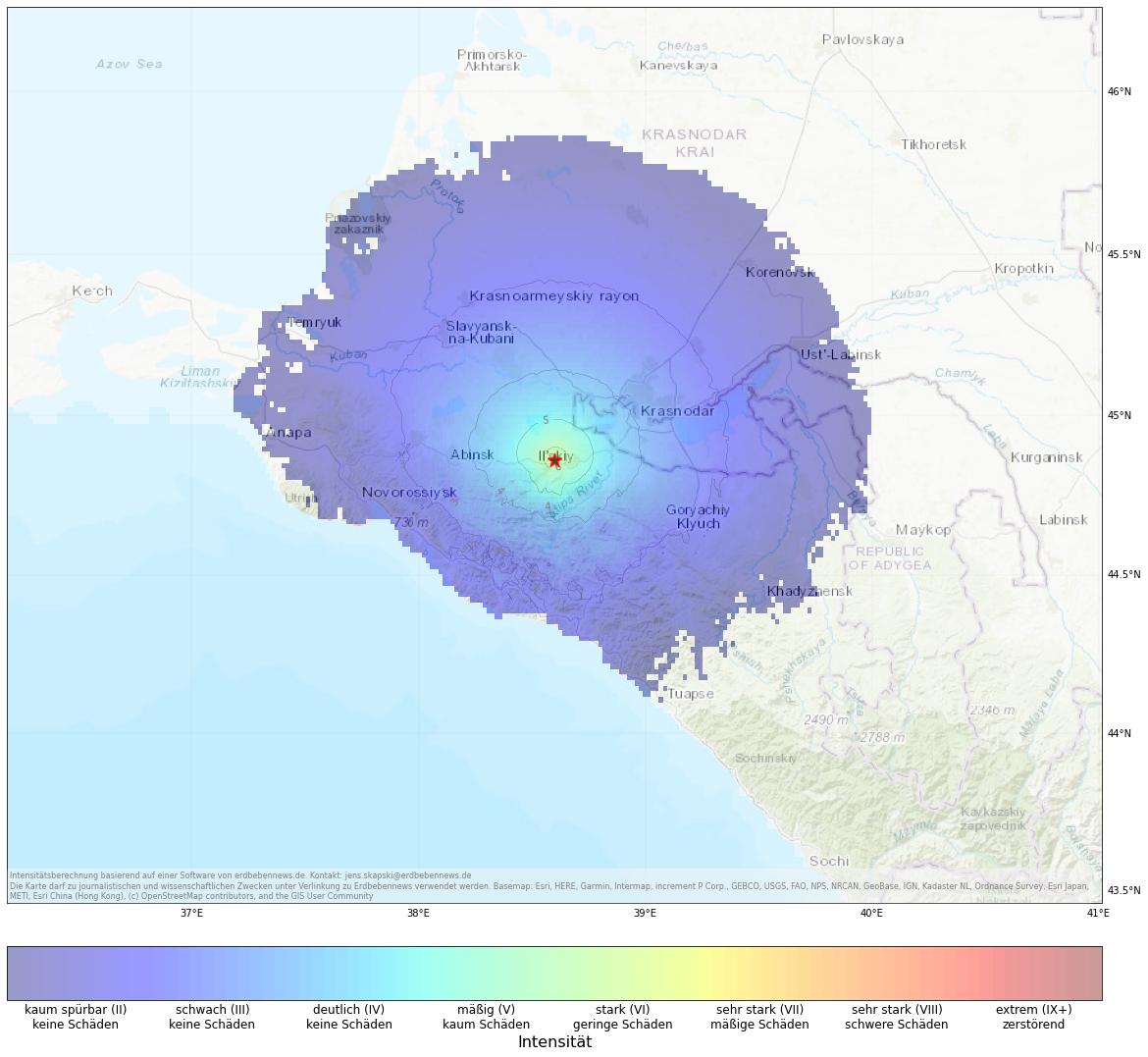 Berechnete Intensität (ShakeMap) des Erdbebens der Stärke 4.3 am 24. Januar, 12:19 Uhr in Russische Föderation