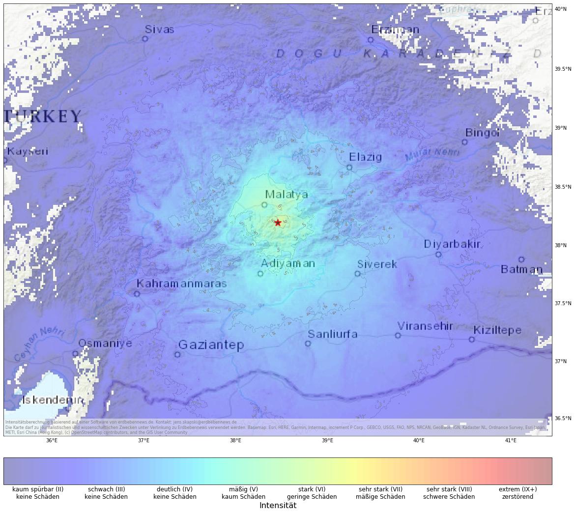 Berechnete Intensität (ShakeMap) des Erdbebens der Stärke 5.2 am 25. Januar, 14:04 Uhr in Türkei