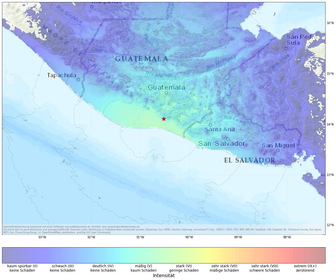 Berechnete Intensität (ShakeMap) des Erdbebens der Stärke 6.1 am 27. Januar, 06:52 Uhr in Guatemala