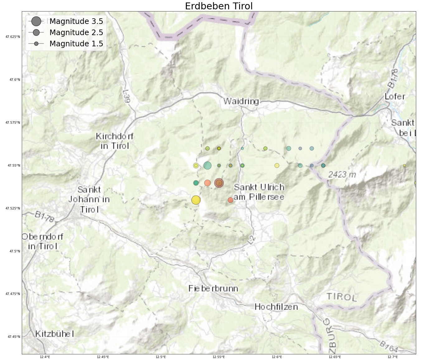 Erdbeben bei St. Johann in Tirol der letzten 14 Tage. Daten: ZAMG/Geosphere Austria