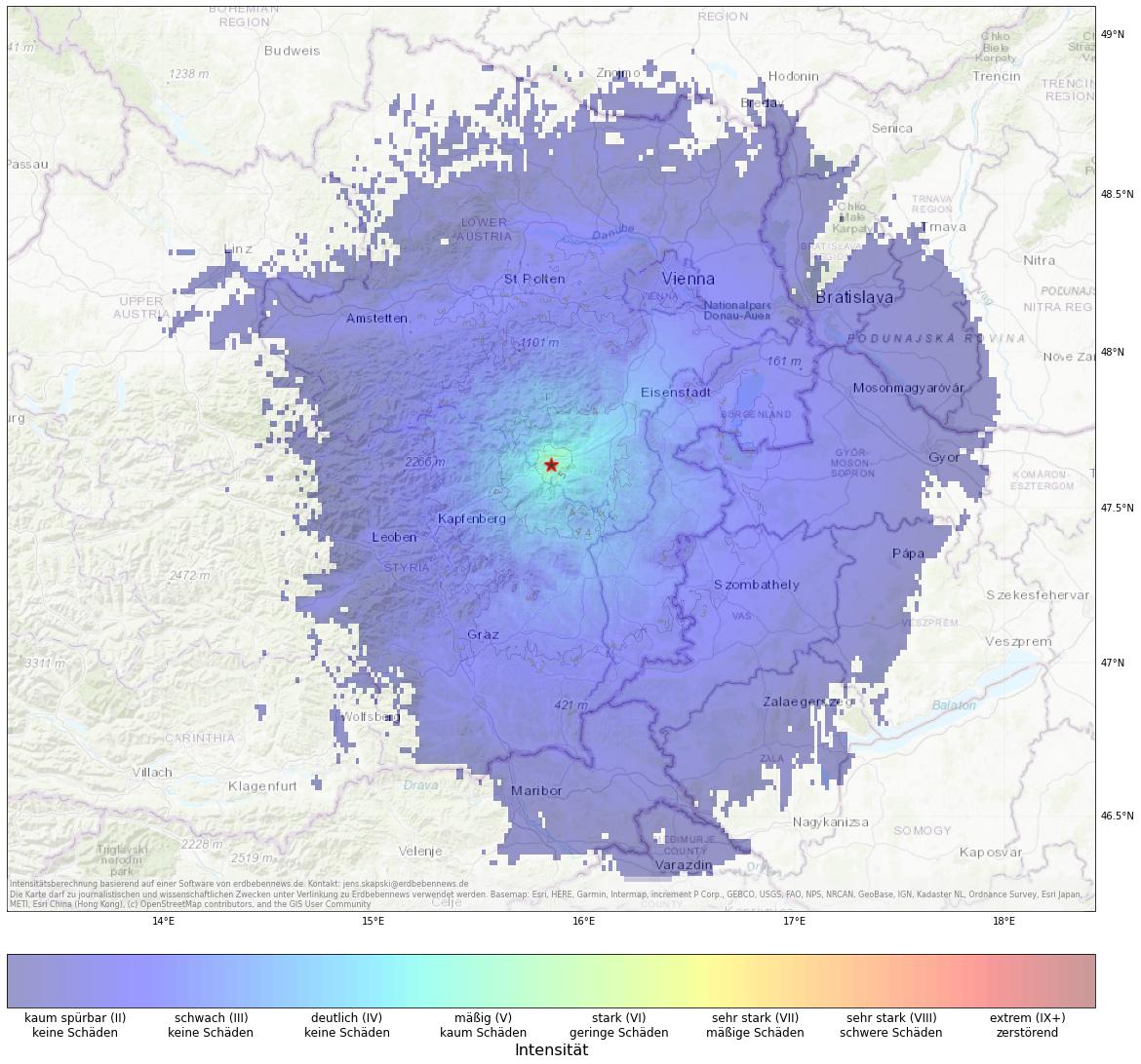 Berechnete Intensität (ShakeMap) des Erdbebens der Stärke 4.4 am 1. Februar, 2:59 Uhr in Österreich