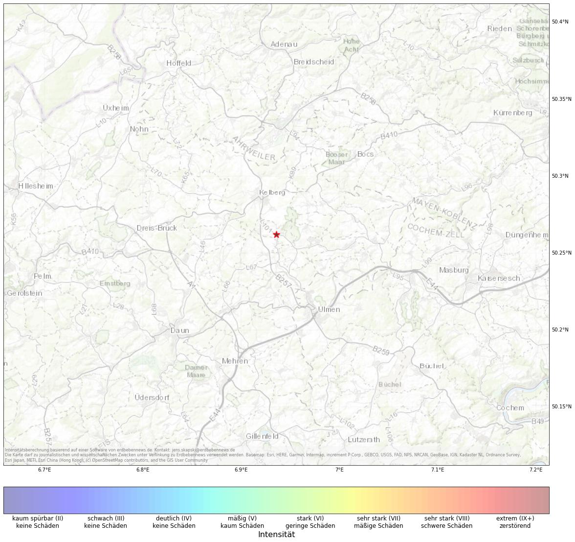 Berechnete Intensität (ShakeMap) des Erdbebens der Stärke 1.0 am 02. February, 12:55 in Deutschland