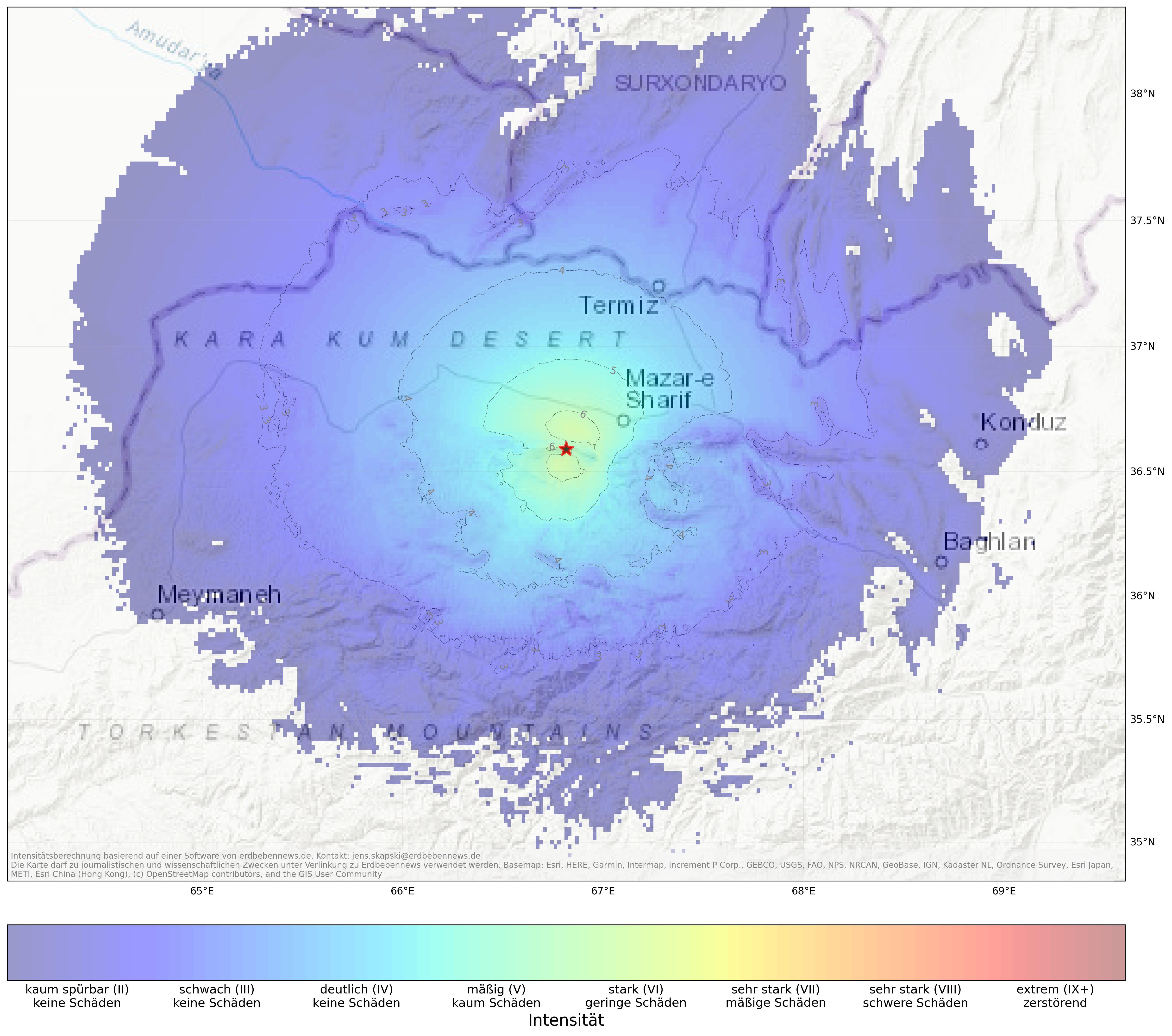 Berechnete Intensität (ShakeMap) des Erdbebens der Stärke 5.0 am 18. Februar, 12:20 Uhr in Afghanistan
