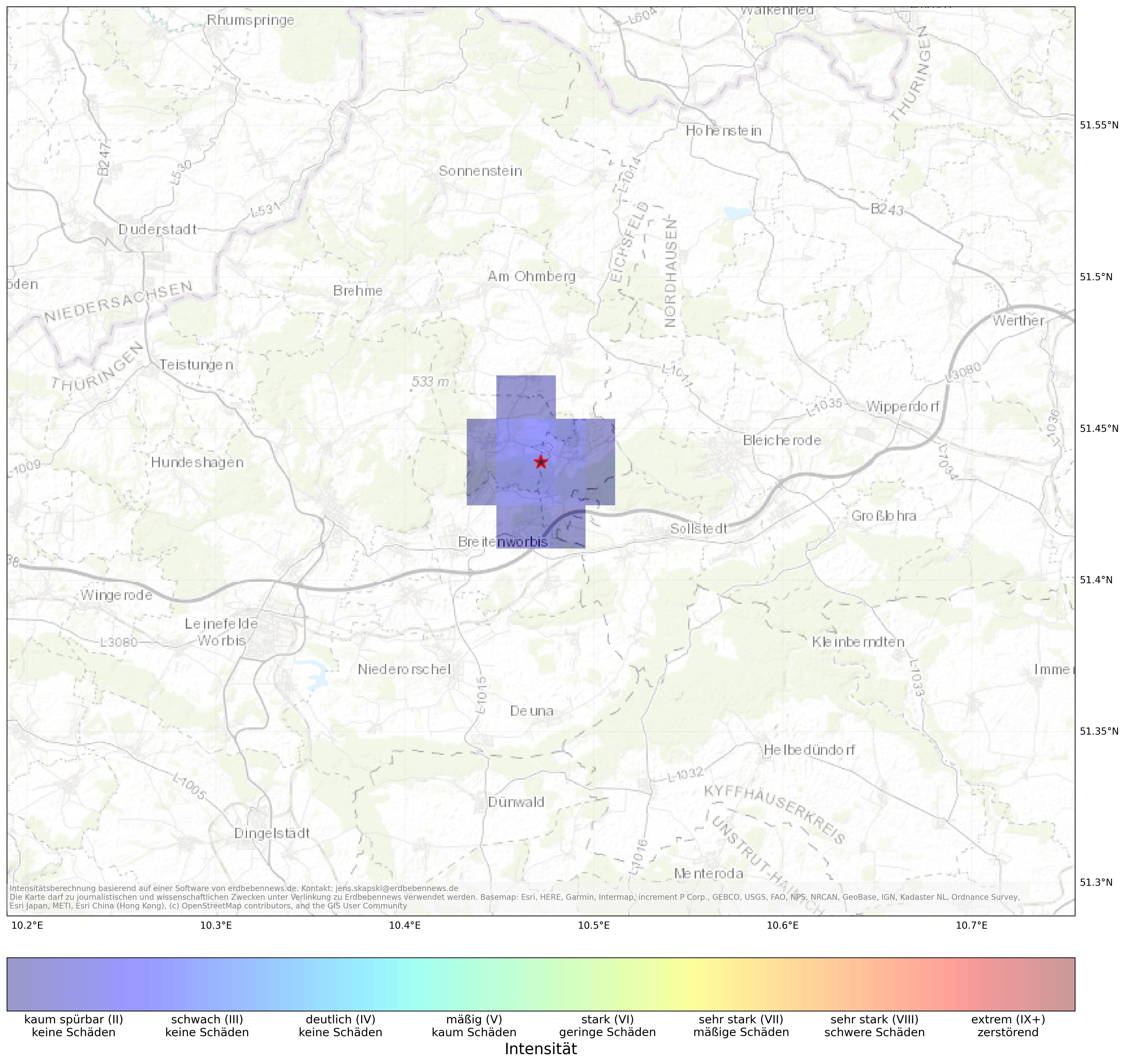 Berechnete Intensität (ShakeMap) des Erdbebens der Stärke 1.4 am 01. March, 23:23 in Deutschland