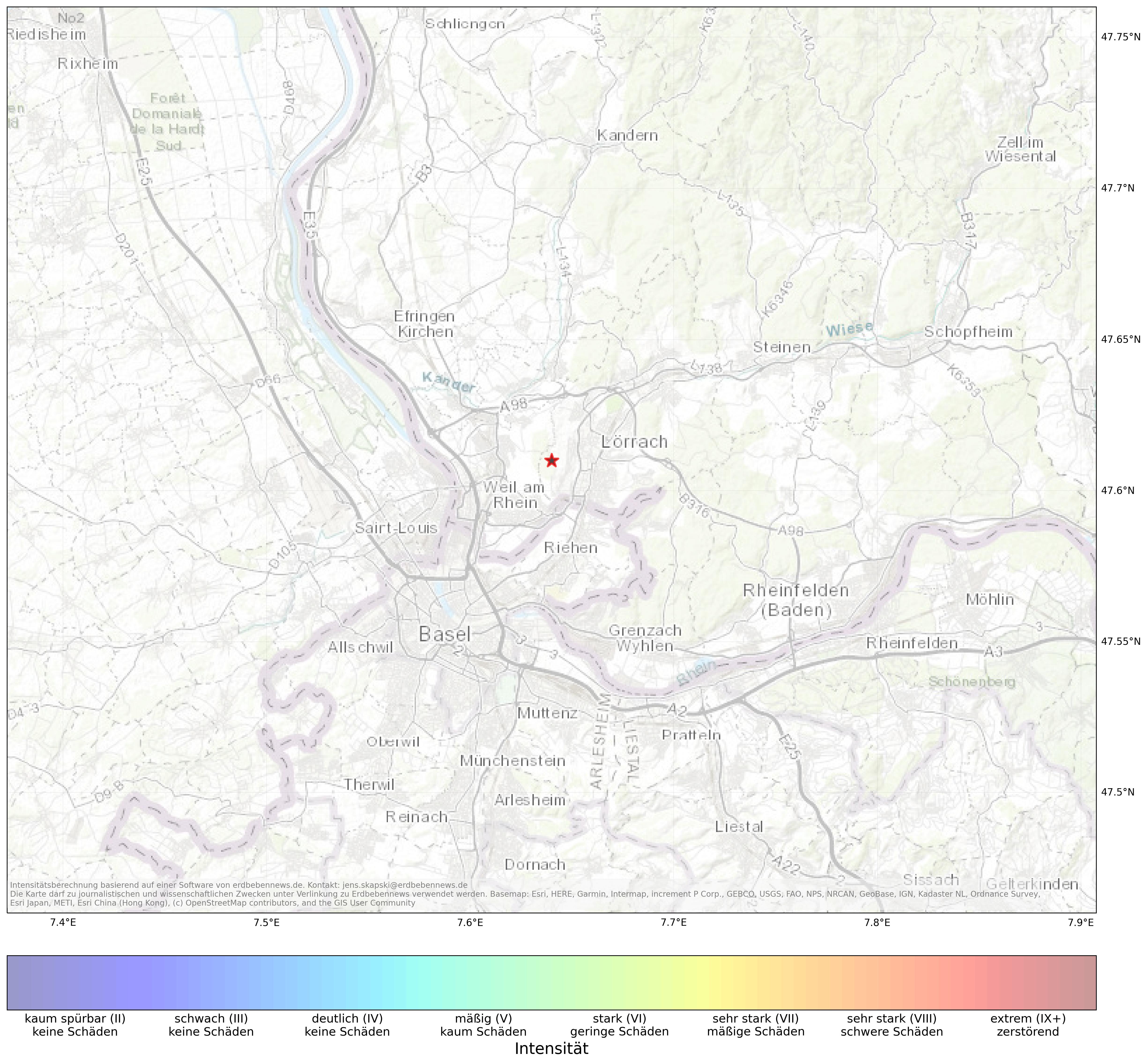Berechnete Intensität (ShakeMap) des Erdbebens der Stärke 1.5 am 10. March, 09:33 in Schweiz