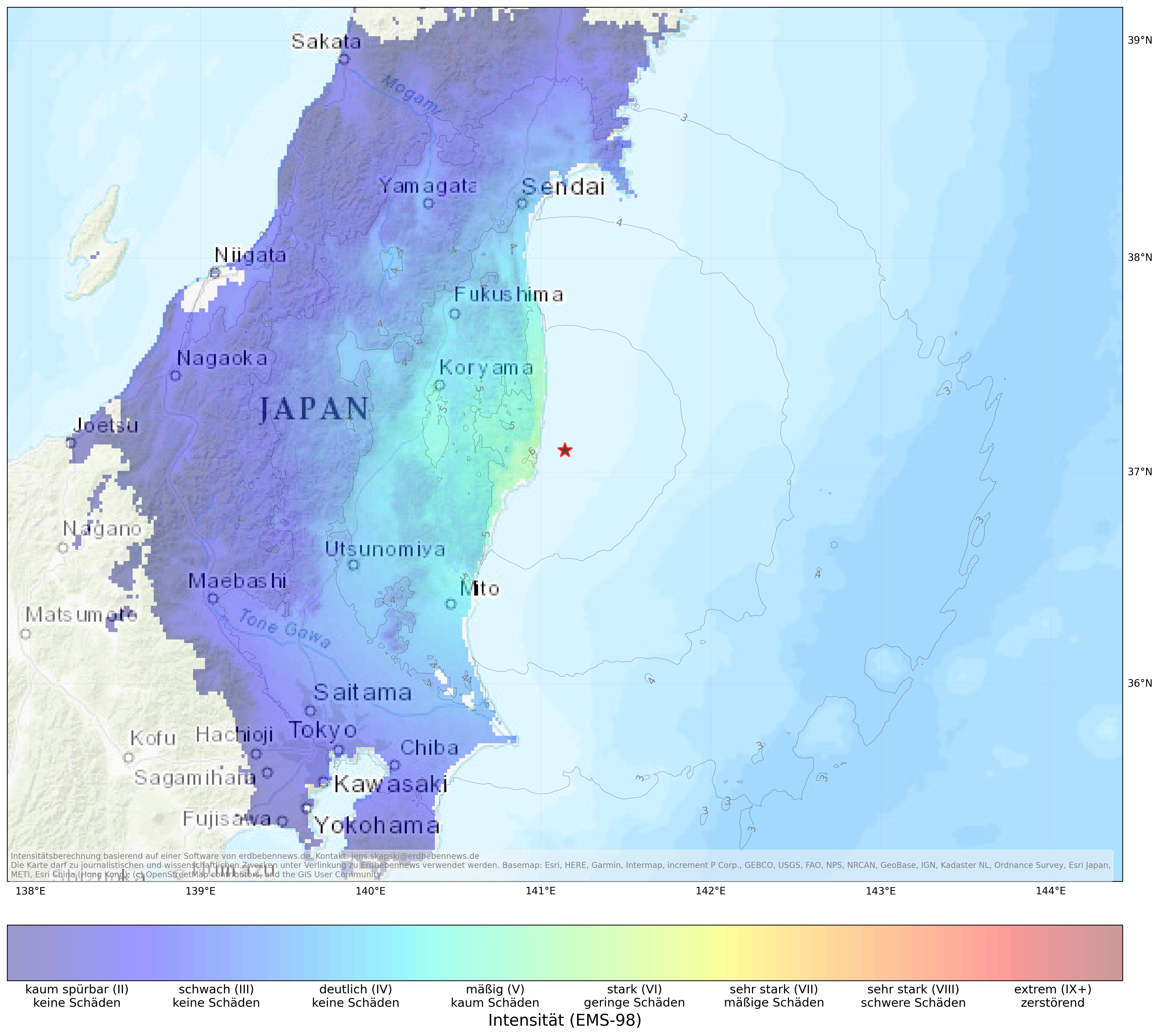 Berechnete Intensität (ShakeMap) des Erdbebens der Stärke 5.6 am 14. März, 16:14 Uhr in Japan