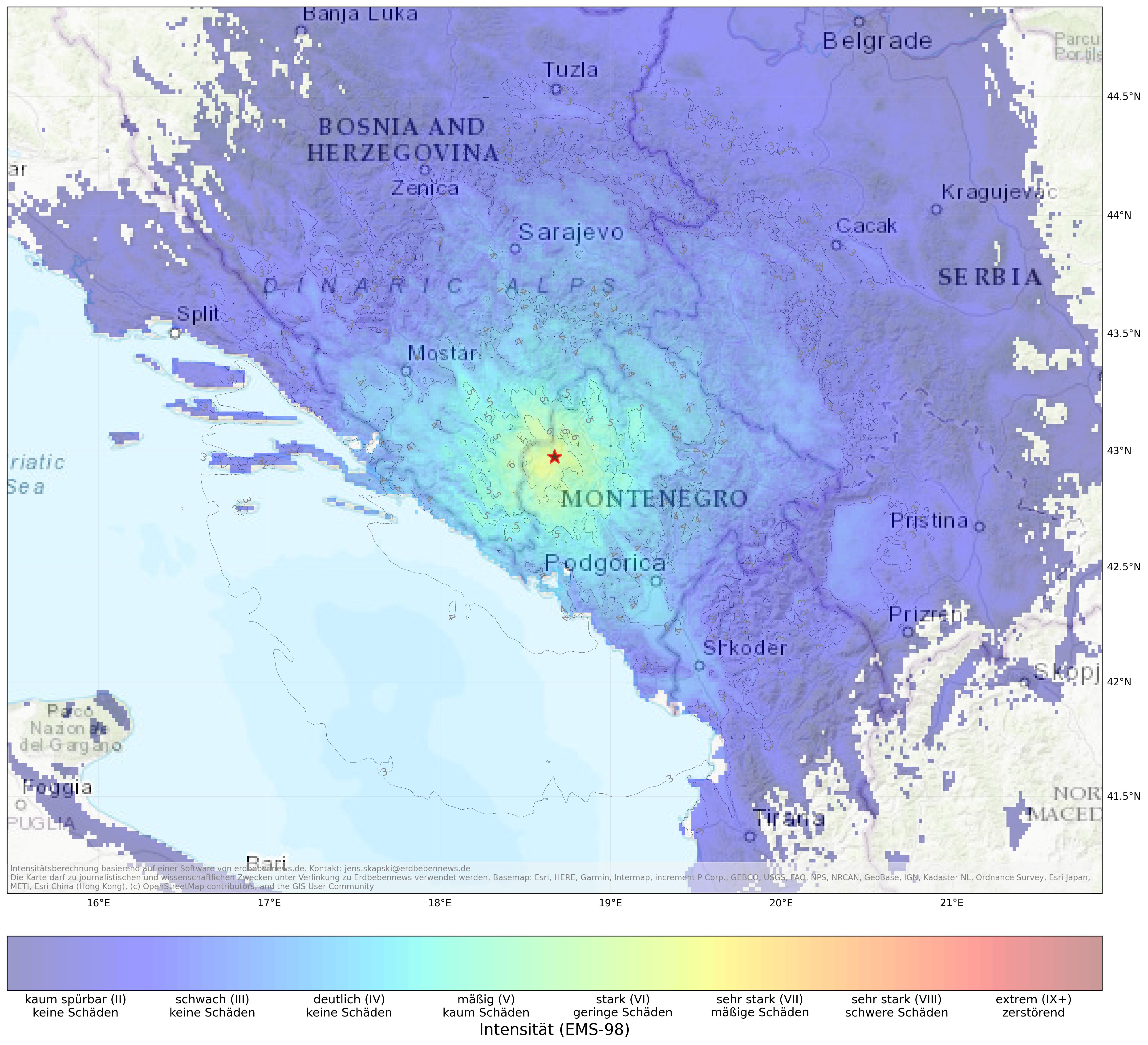 Berechnete Intensität (ShakeMap) des Erdbebens der Stärke 5.3 am 14 März, 04:06 Uhr in Montenegro