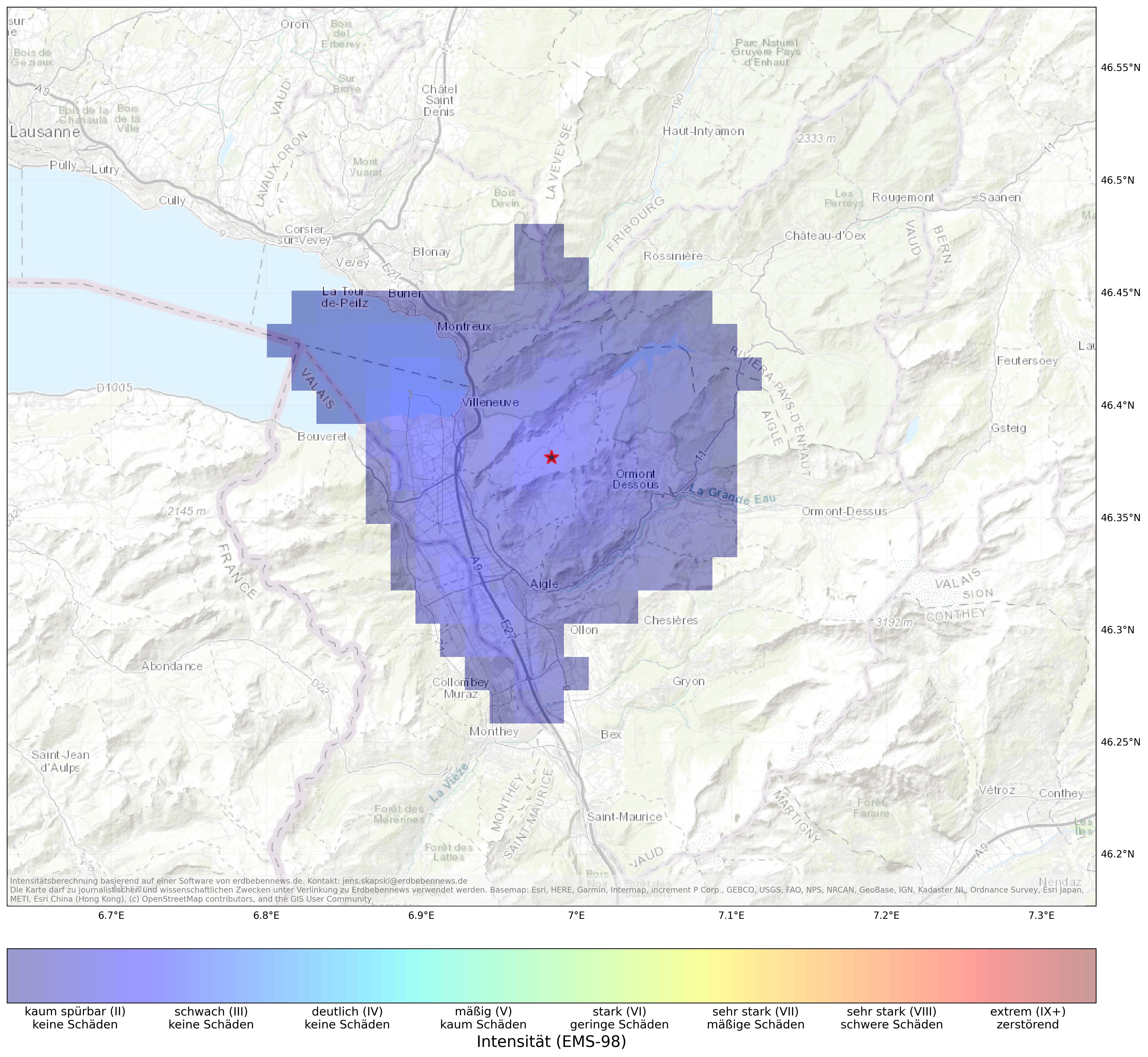 Berechnete Intensität (ShakeMap) des Erdbebens der Stärke 2.7 am 15. März, 6:19 Uhr in Schweiz