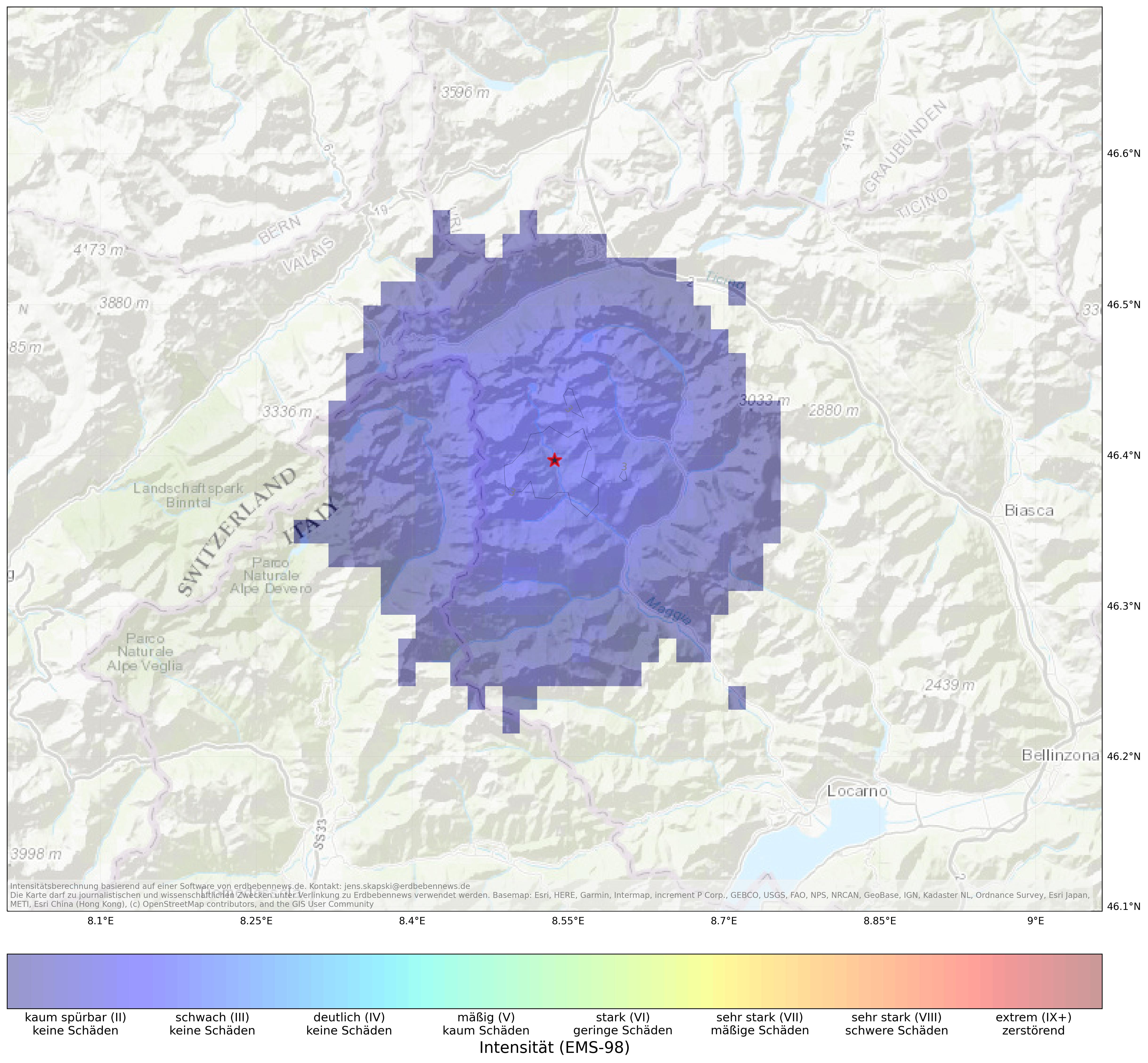 Berechnete Intensität (ShakeMap) des Erdbebens der Stärke 3.1 am 18. März, 16:52 Uhr in Italien