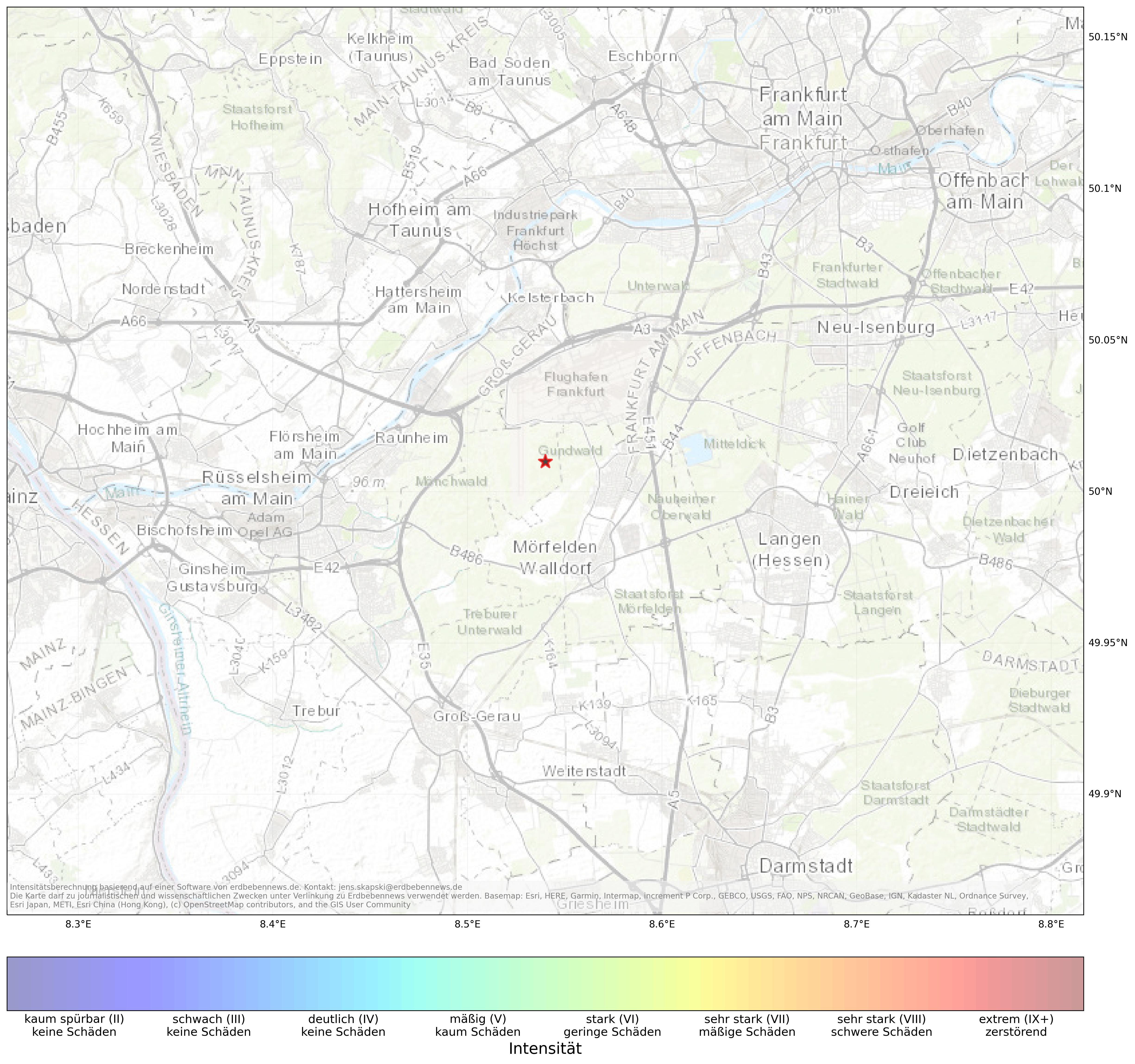 Berechnete Intensität (ShakeMap) des Erdbebens der Stärke 1.5 am 19. March, 01:44 in Deutschland
